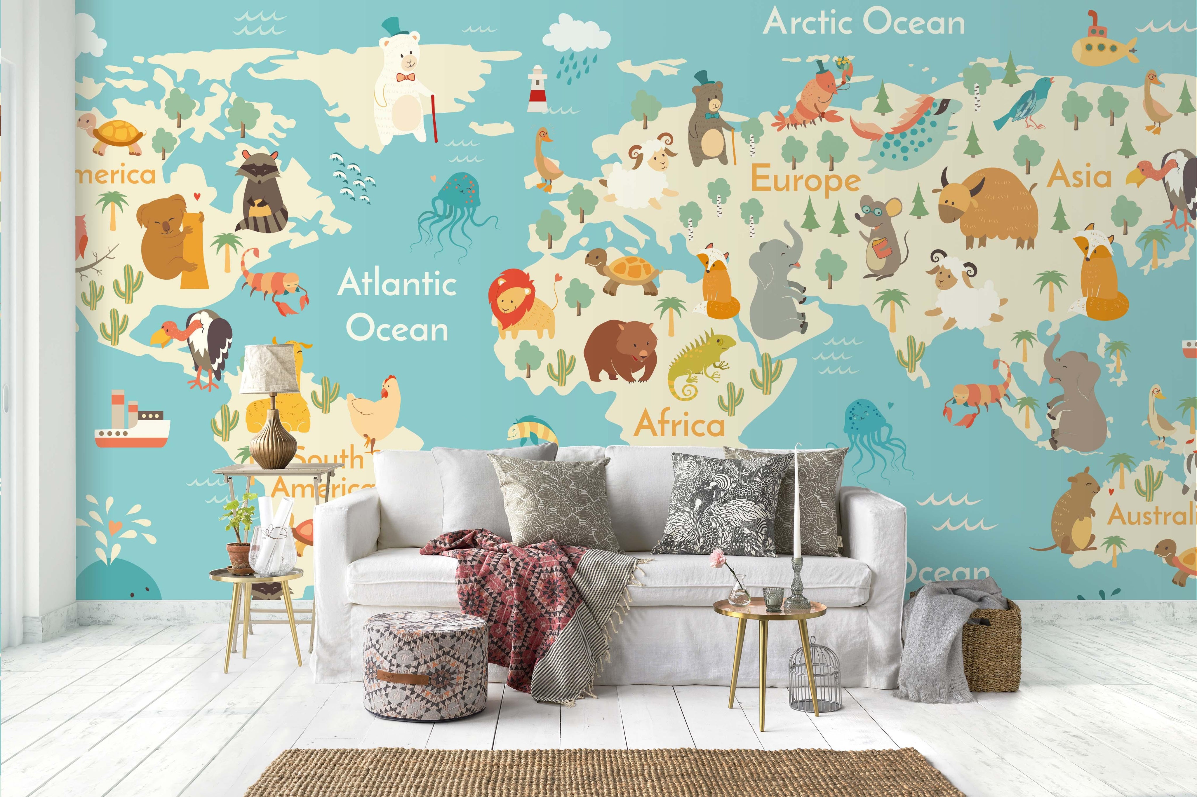 3D animals world map wall mural wallpaper 46- Jess Art Decoration