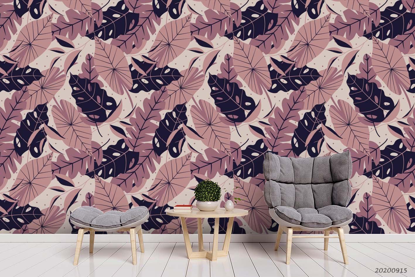 Hand Drawn Pink Leaves Plant Pattern Wall Mural Wallpaper LXL- Jess Art Decoration