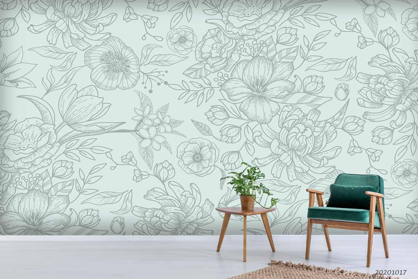 3D Hand Drawn Leaves Floral Wall Mural Wallpaper WJ 6262- Jess Art Decoration