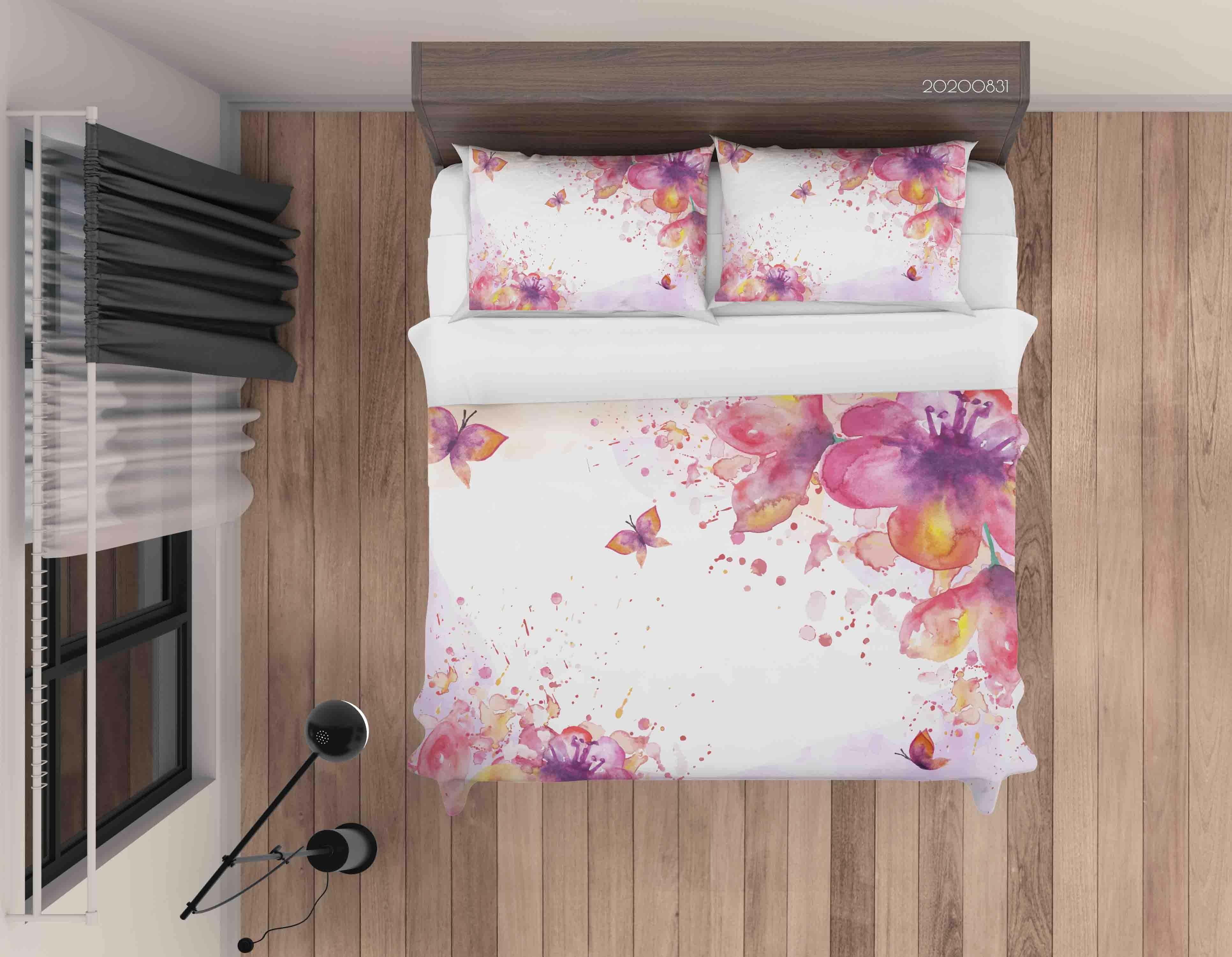 3D Watercolor Floral Butterfly Pattern Quilt Cover Set Bedding Set Duvet Cover Pillowcases WJ 3495- Jess Art Decoration