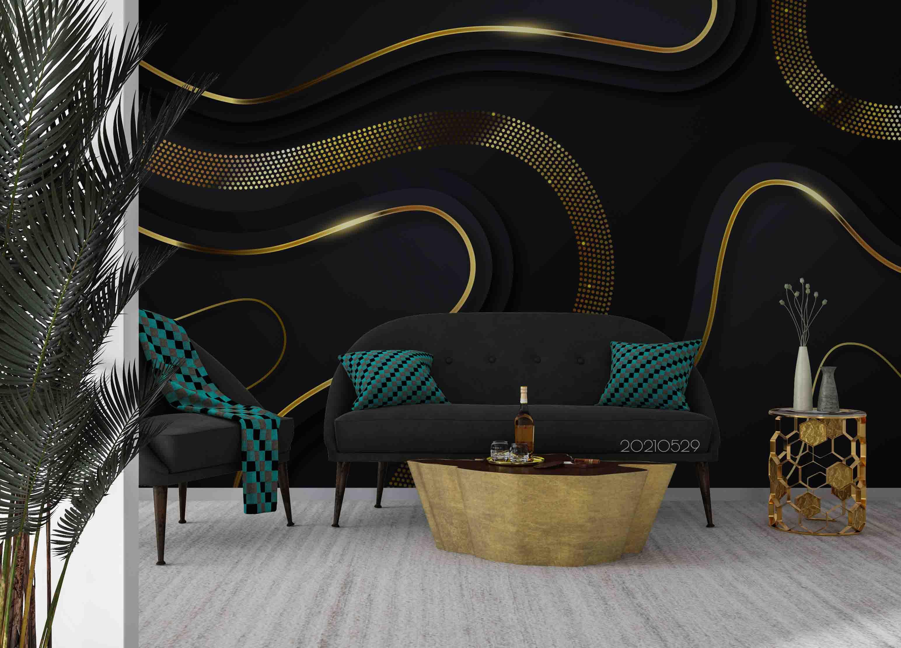 3D Winding Golden Lines Black Background Wall Mural Wallpaper SWW555- Jess Art Decoration