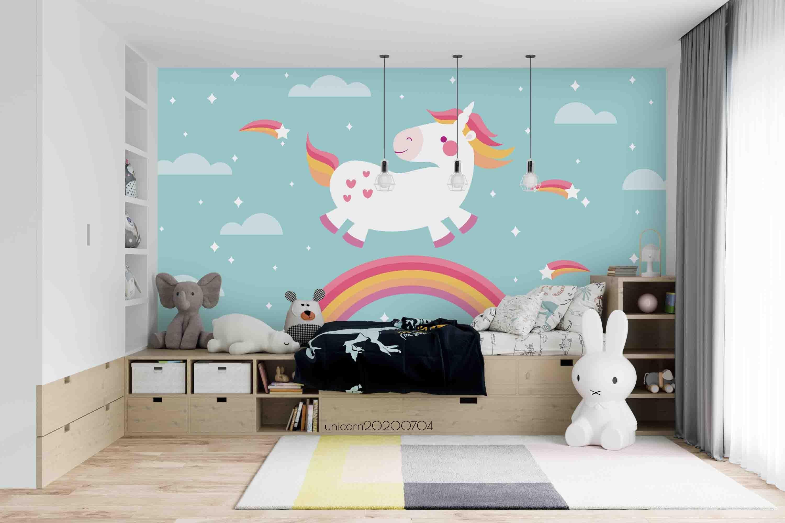 3D Cartoon Unicorn Green Sky Rainbow Wall Mural Wallpaper A037 LQH- Jess Art Decoration
