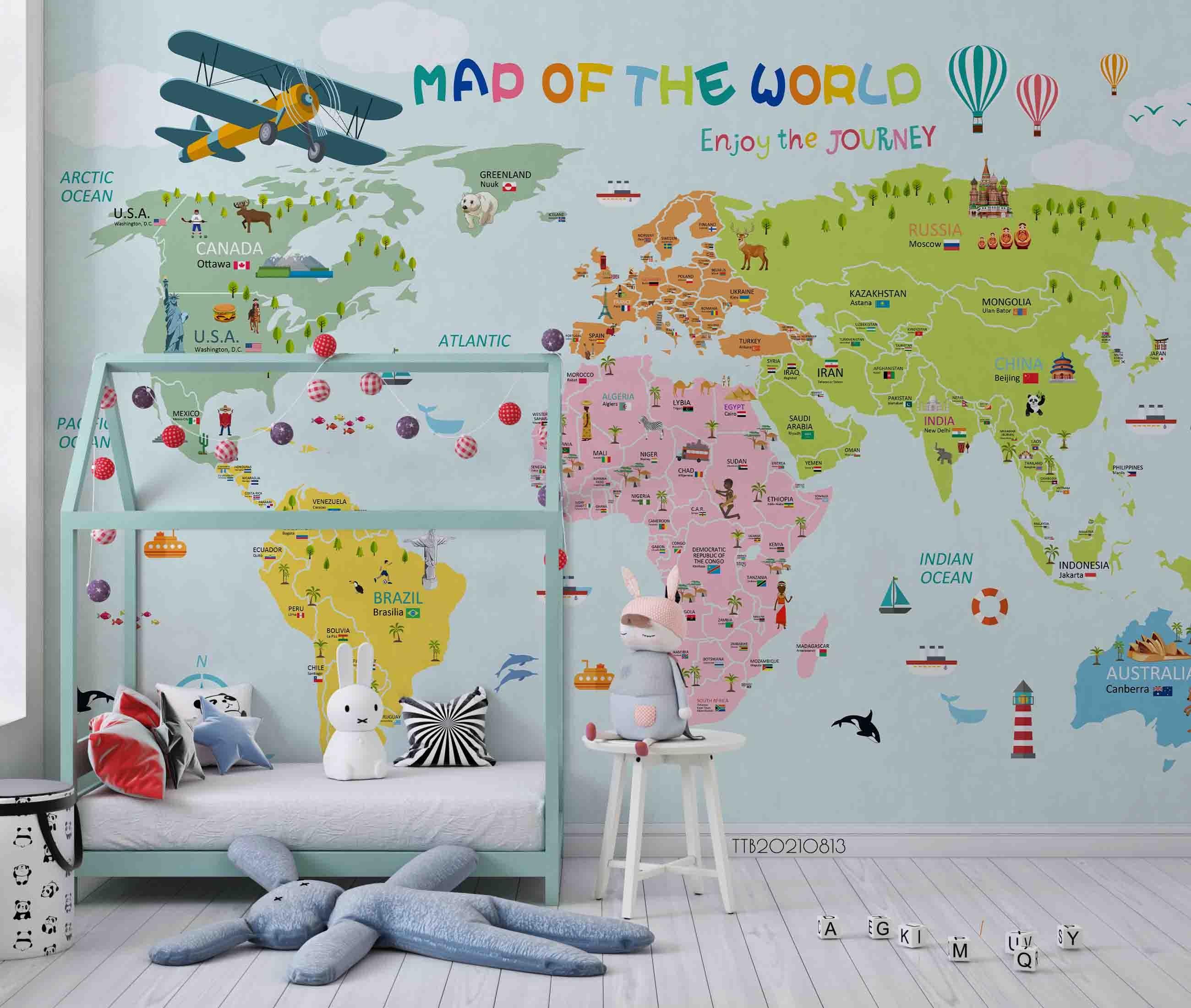 3D Cartoon Color Abstract Animal Map World Wall Mural Wallpaper SWW5135- Jess Art Decoration