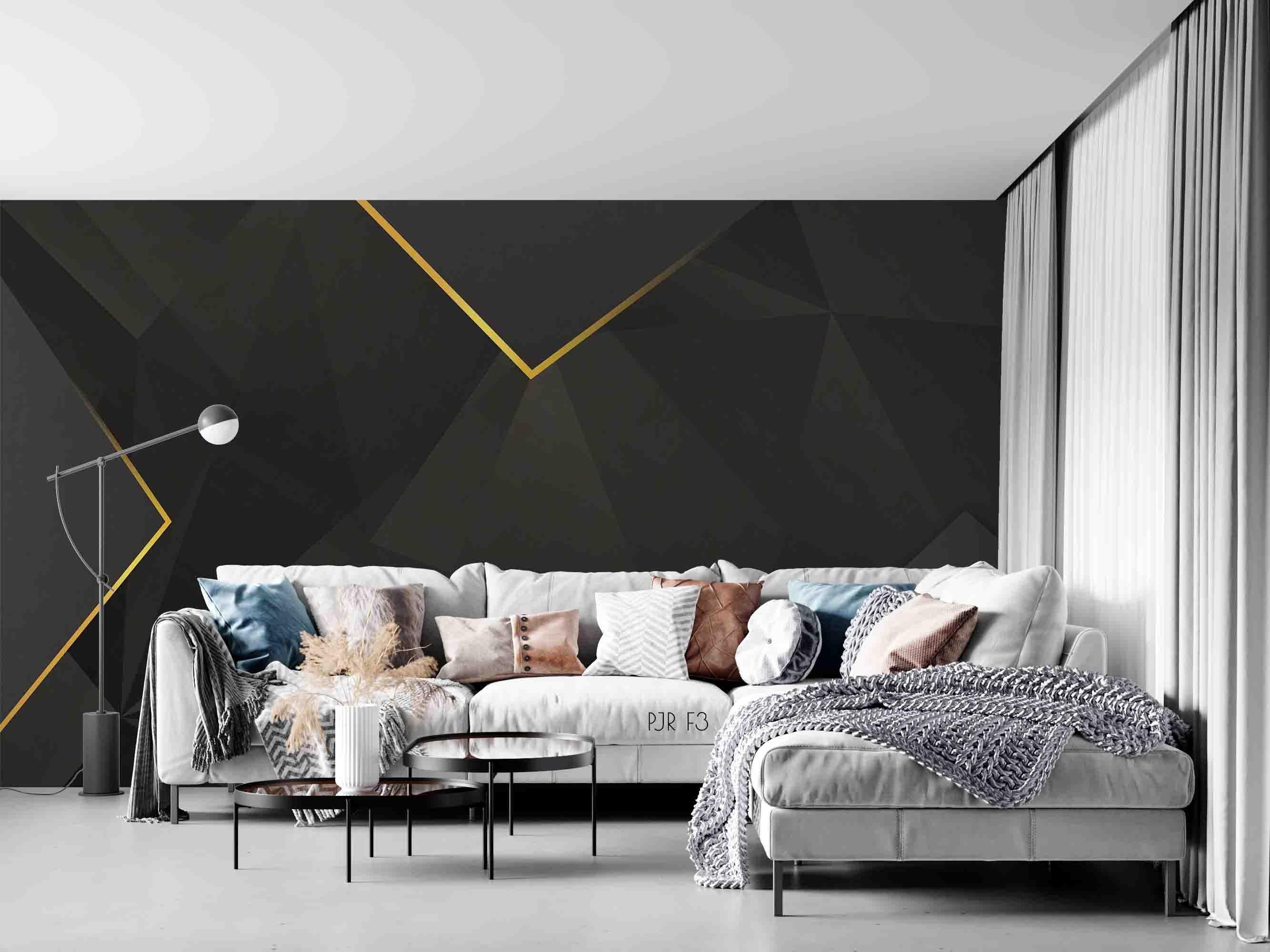3D Golden Line Black Geometric Wall Mural Wallpaper LXL- Jess Art Decoration