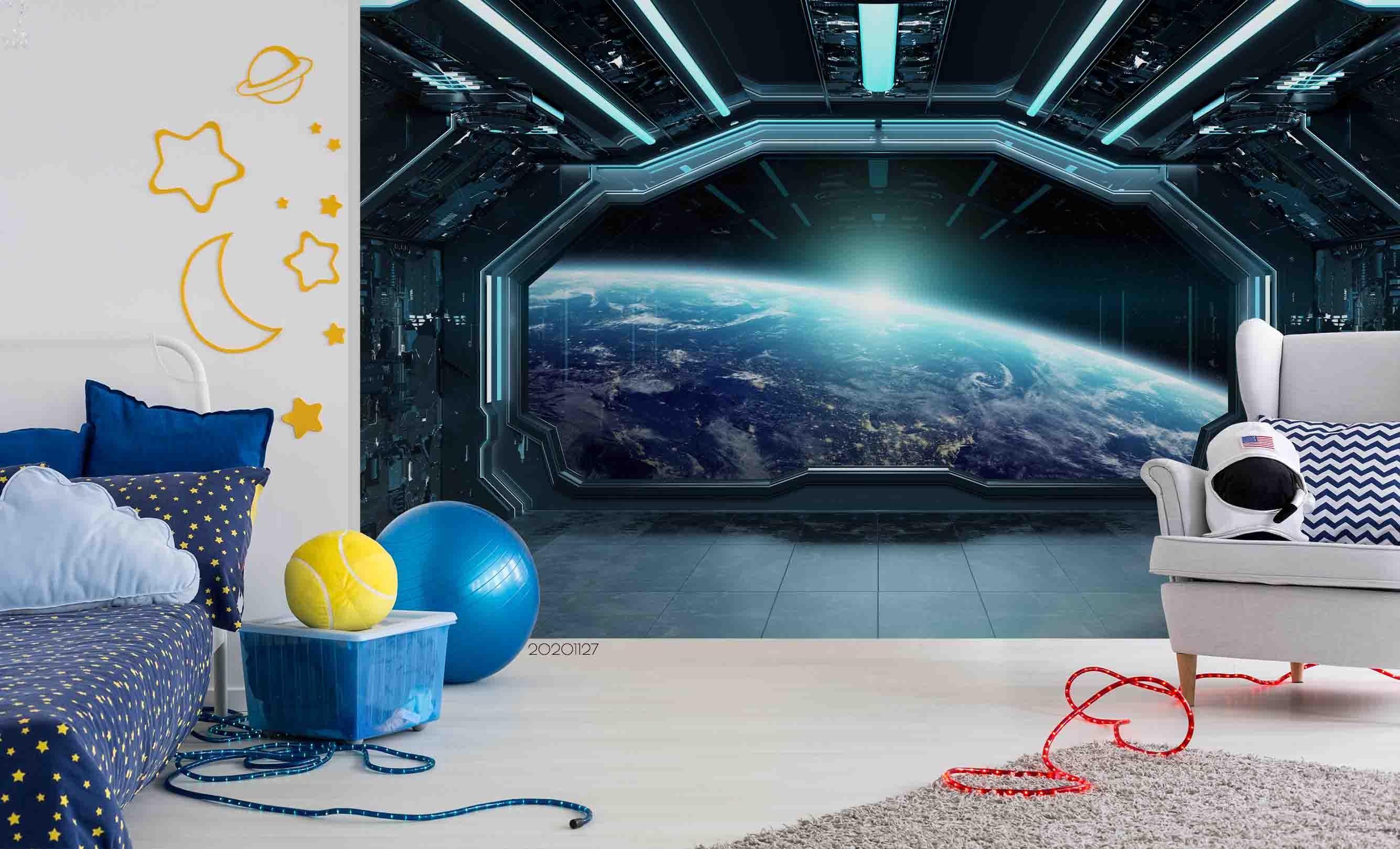 3D Space Dark Blue Spaceship Futuristic Interior Window View Planet Earth Mural Wallpaper LXL- Jess Art Decoration