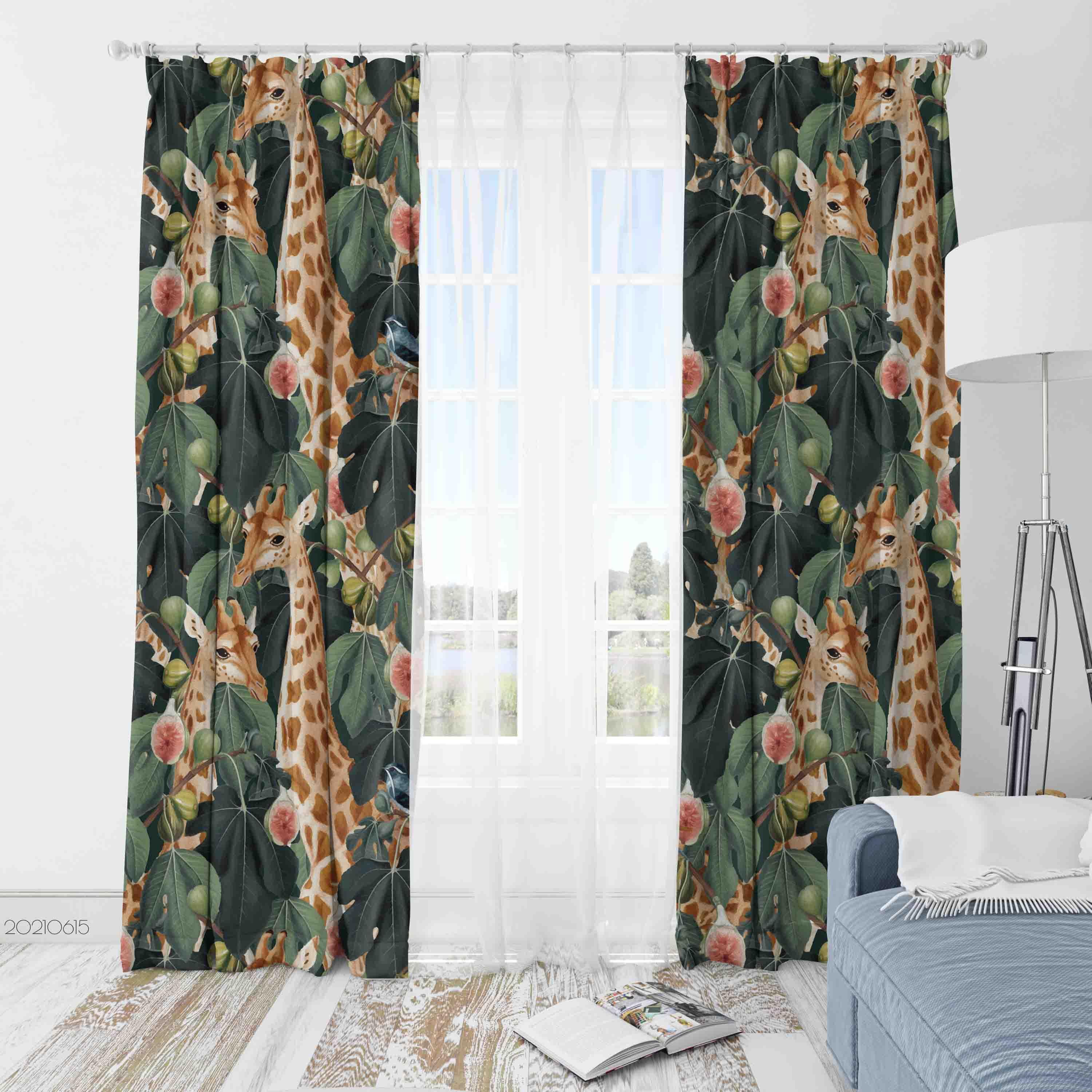3D Watercolor Animal Giraffe Plant Leaf Curtains and Drapes LLL 487- Jess Art Decoration