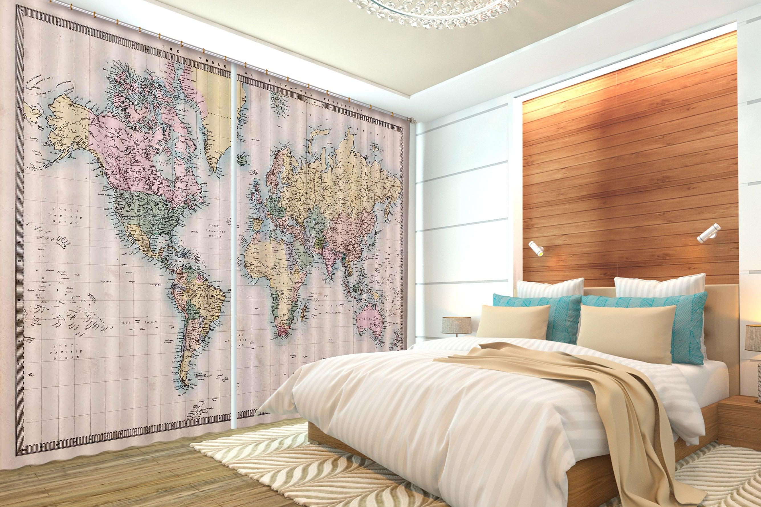 3D World Map Curtains and Drapes A100- Jess Art Decoration