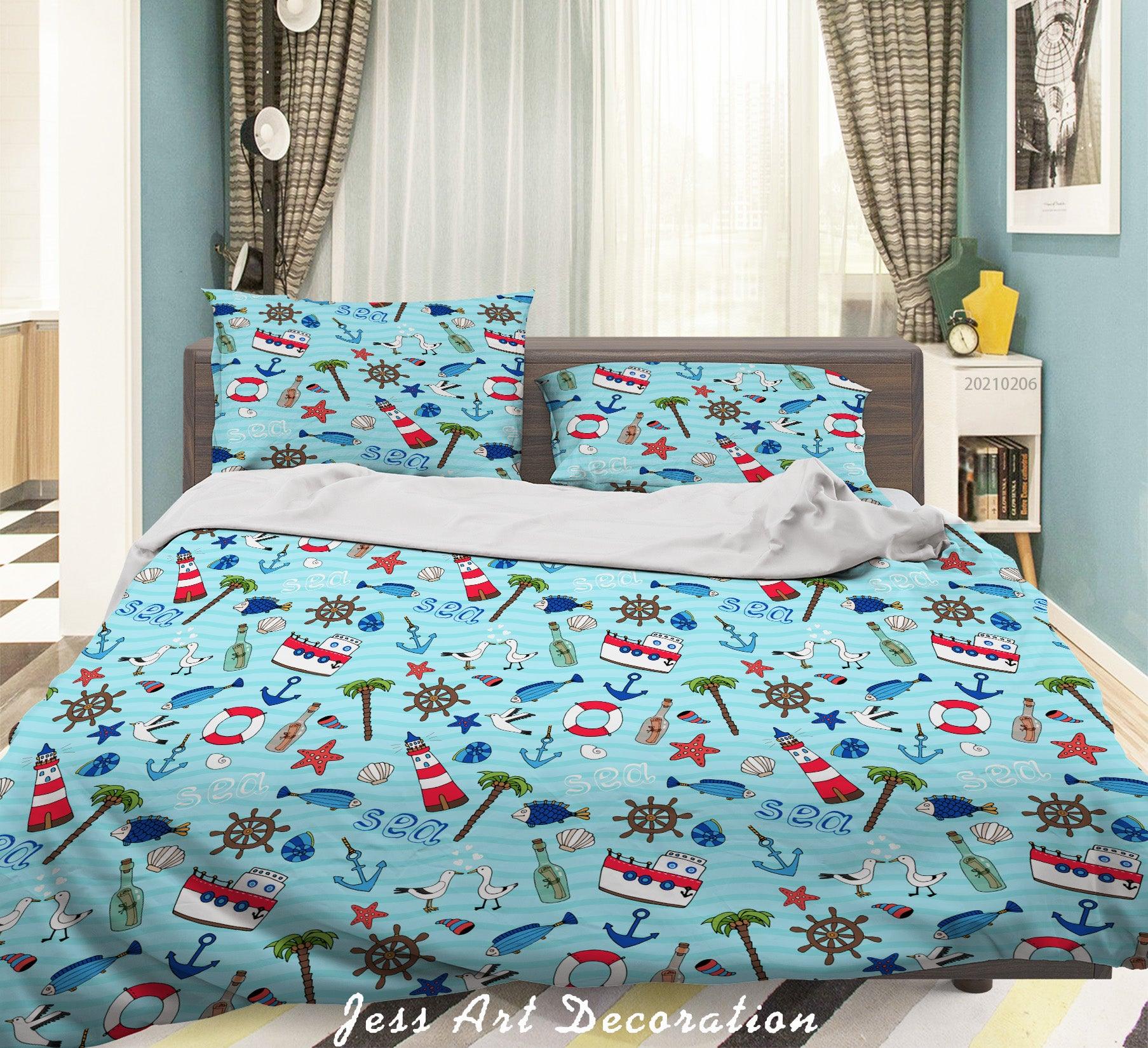 3D Hand Drawn Sailboat Sea Coconut Tree Quilt Cover Set Bedding Set Duvet Cover Pillowcases 186- Jess Art Decoration