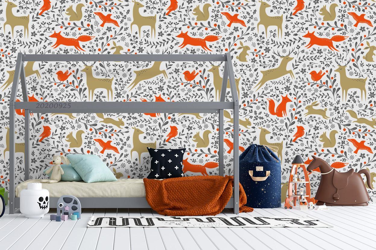 Cartoon Deer Fox Animal Leaves Wall Mural Wallpaper LXL- Jess Art Decoration