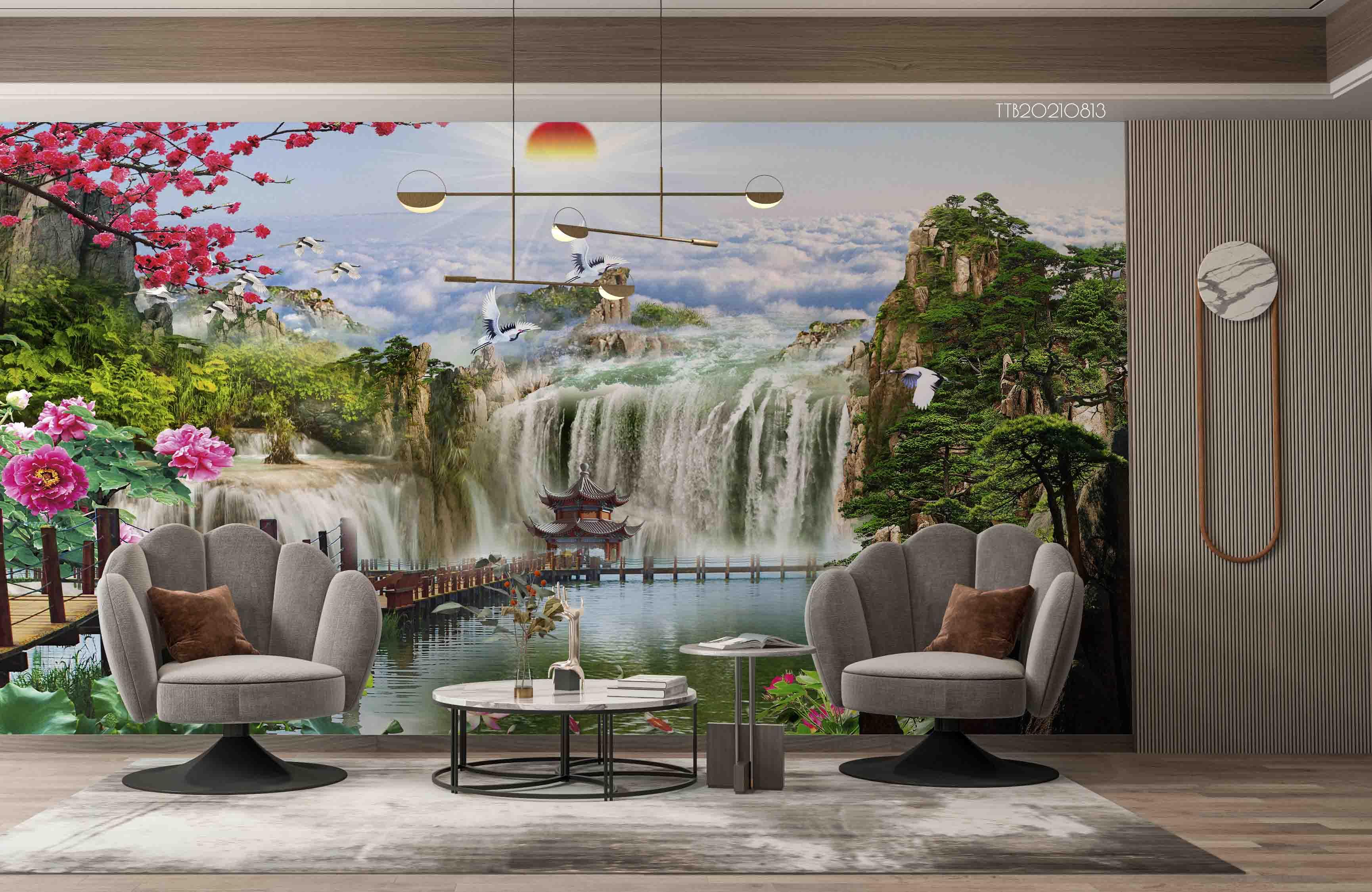 3D Chinese Style Landscape Painting Waterfall Wall Mural WallpaperSWW5100- Jess Art Decoration