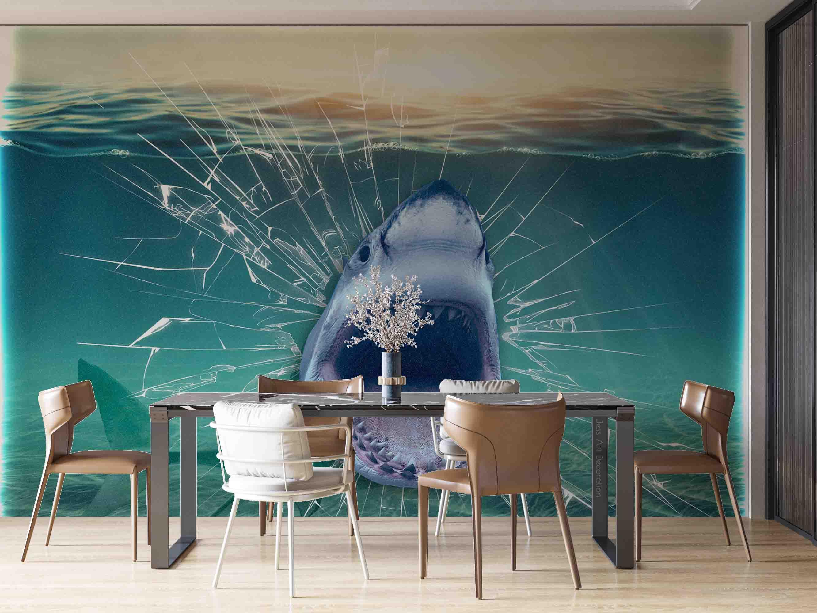 3D Glass Tank Crack Shark Mouth Wall Mural Wallpaper GD 2572- Jess Art Decoration