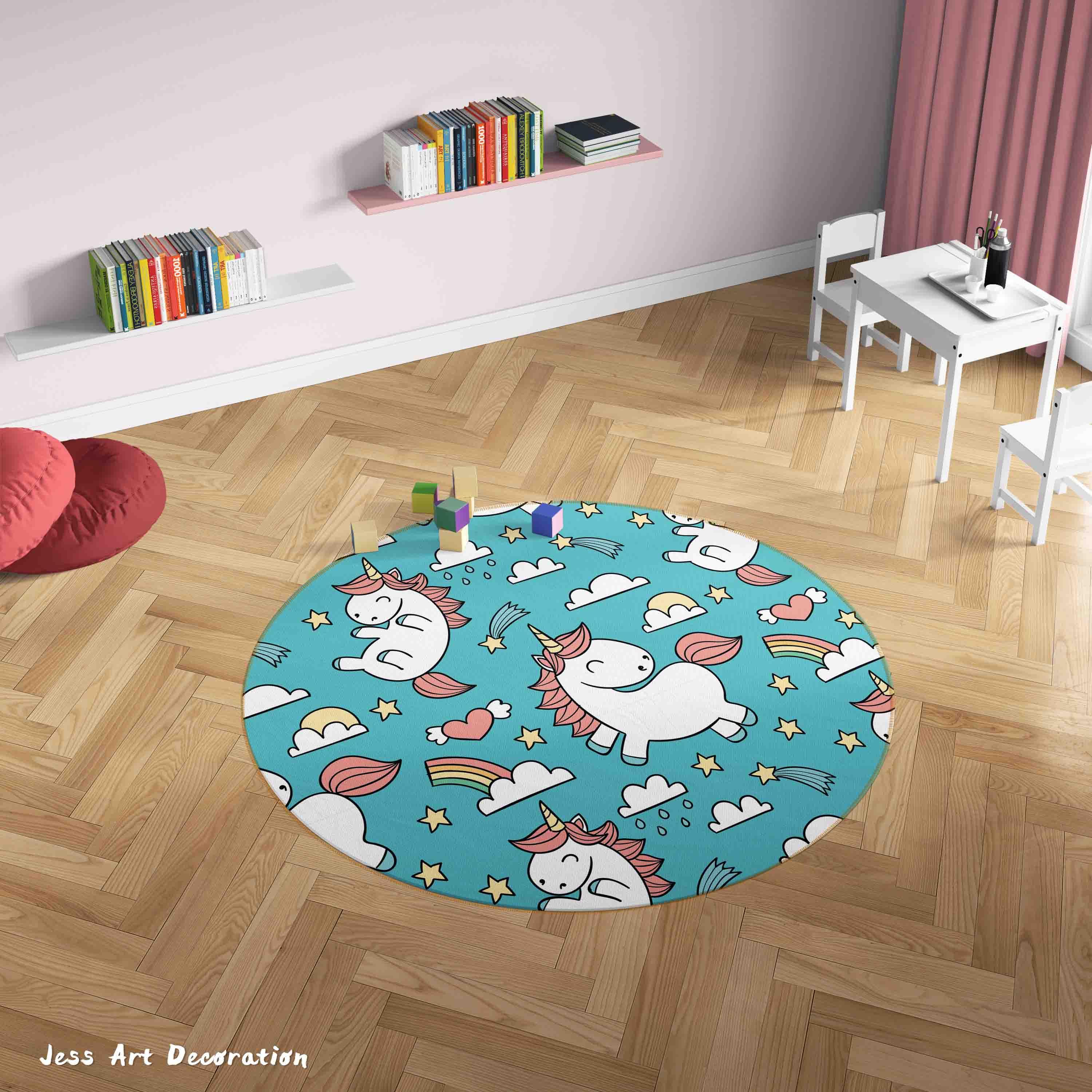 3D Cartoon Animal Unicorn Rainbow Kids Non-Slip Round Rug Mat 45- Jess Art Decoration