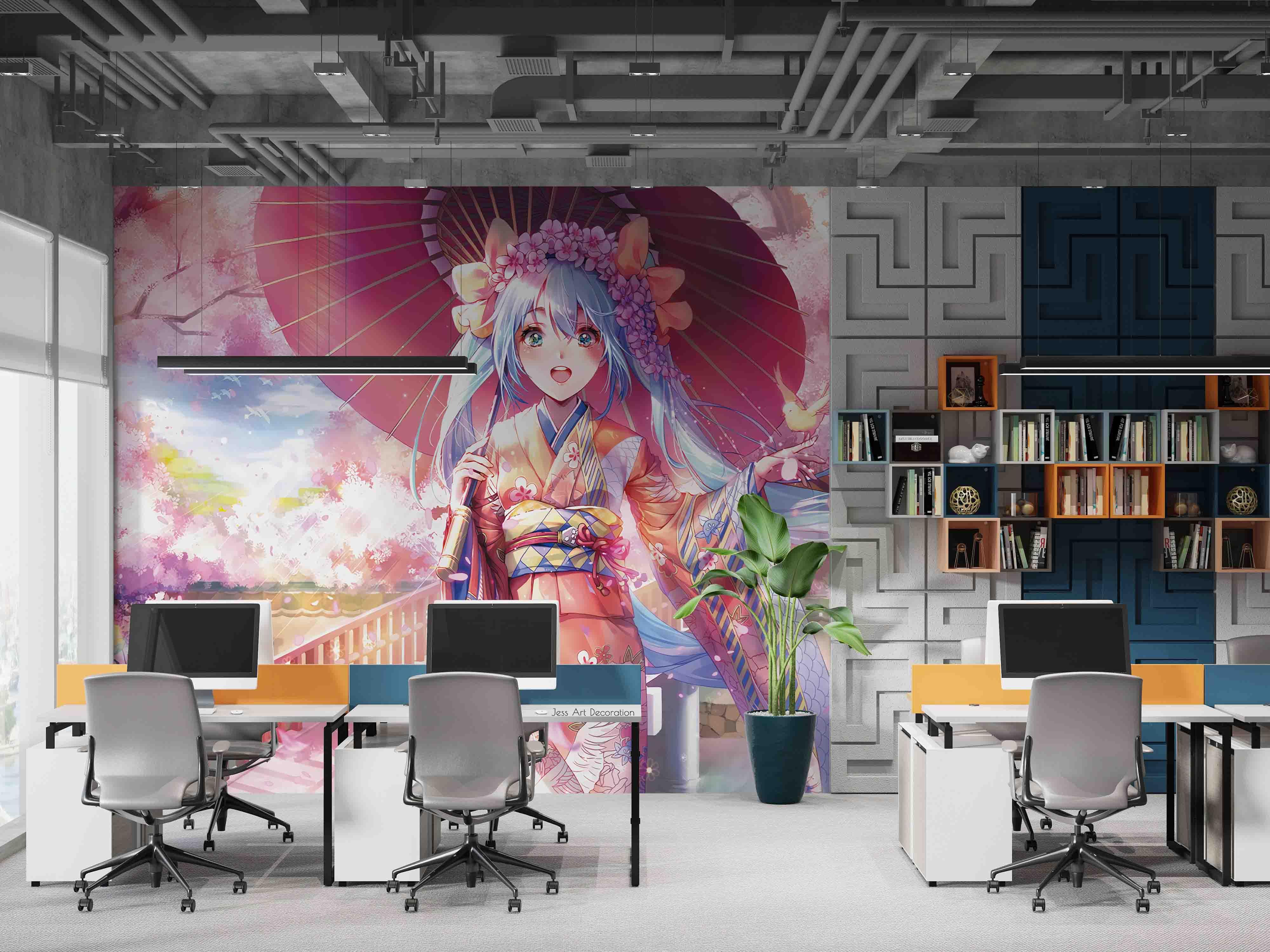 3D Comic Girl Studio bright comic girl character scene wall mural wallpaper for teen room