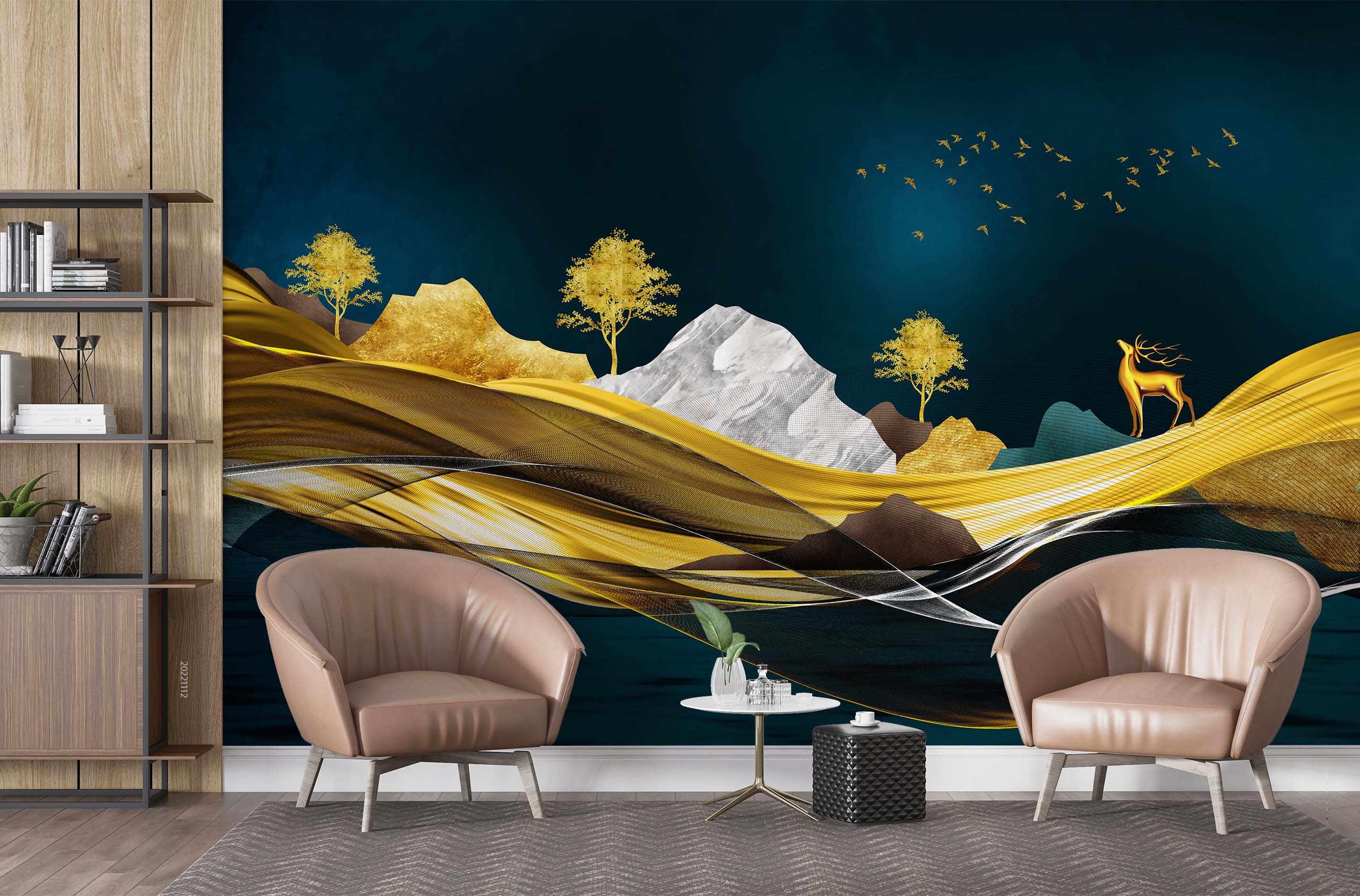 3D Abstract Golden Mountains Deer Bird Landscape Wall Mural Wallpaper GD 2474- Jess Art Decoration