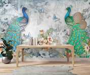 3D Hand Drawn Retro Nostalgic Blue Green Peacock Flower Butterfly Background Wall Mural Wallpaper GD 1894- Jess Art Decoration