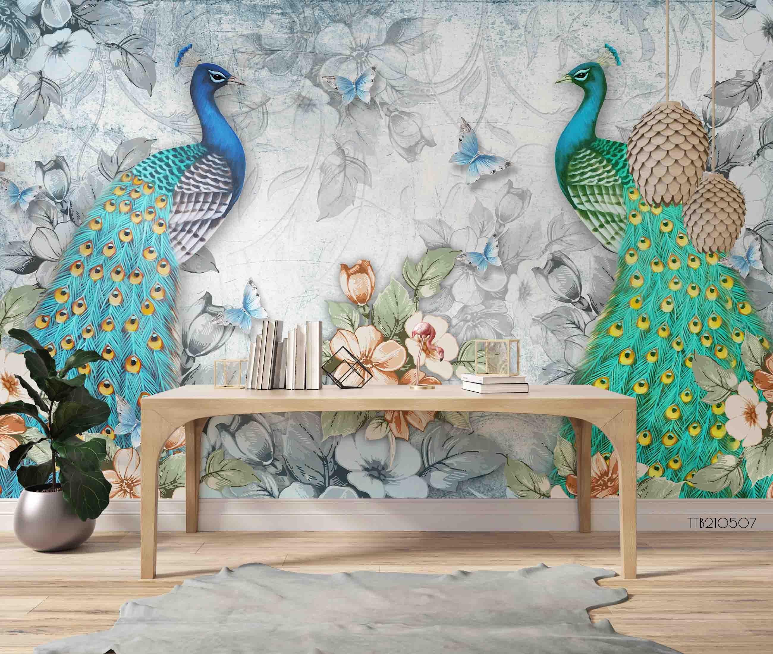 3D Hand Drawn Retro Nostalgic Blue Green Peacock Flower Butterfly Background Wall Mural Wallpaper GD 1894- Jess Art Decoration
