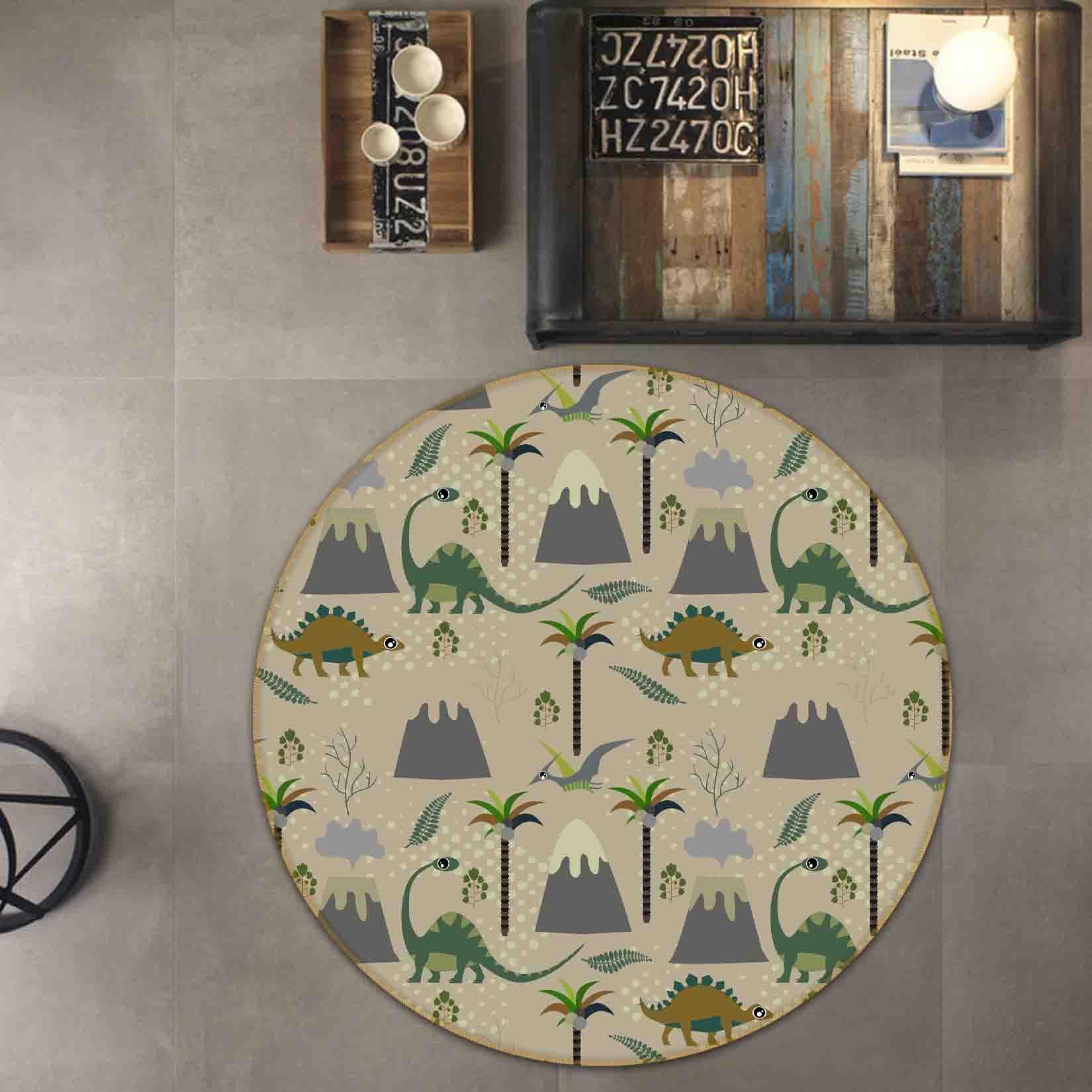 3D Cartoon Animal Dinosaur Coconut Tree Kids Non-Slip Round Rug Mat 11- Jess Art Decoration