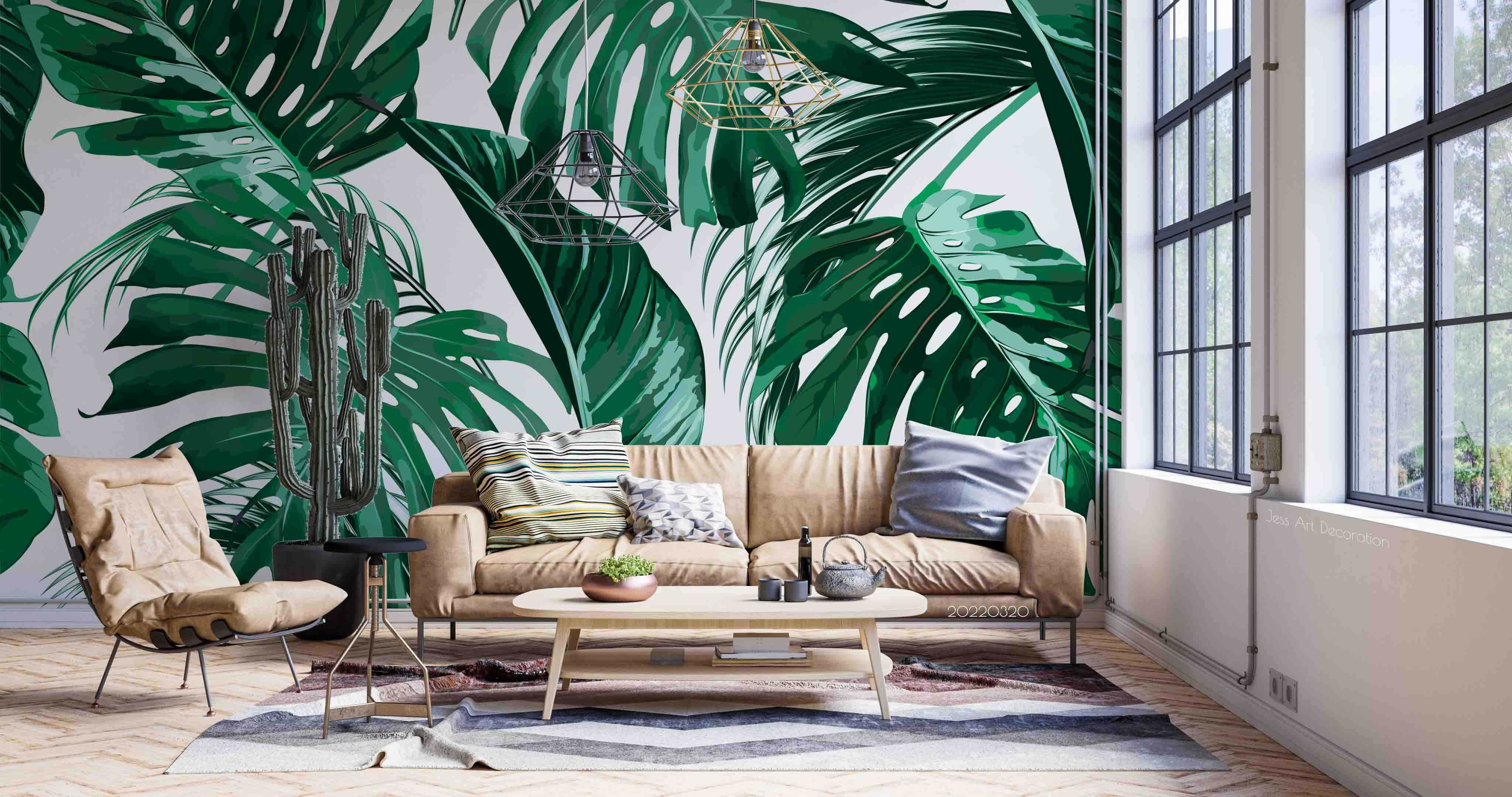 3D Tropical Plant Green Leaf Wall Mural Wallpaper GD 3686- Jess Art Decoration