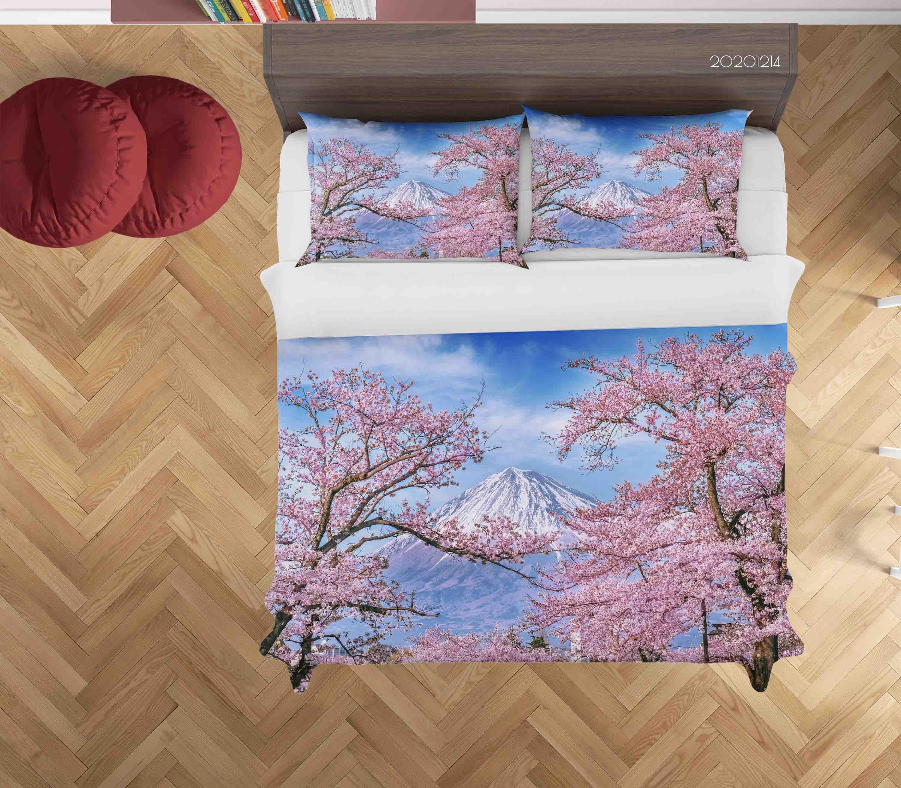 3D Landscape Japan Fuji Mountain Cherry Blossom Pink Floral Quilt Cover Set Bedding Set Duvet Cover Pillowcases LXL- Jess Art Decoration