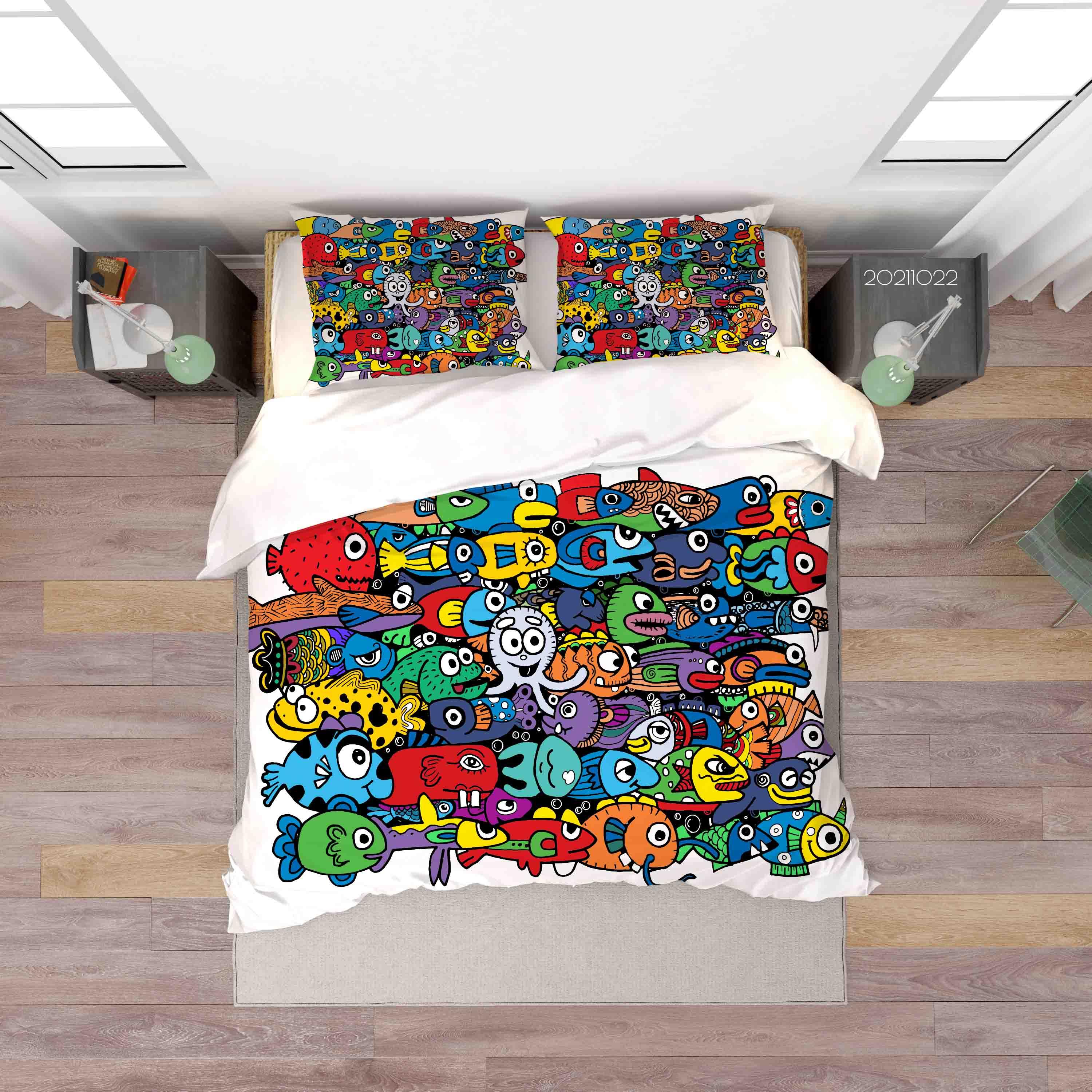 3D Abstract Colored Fish Graffiti Quilt Cover Set Bedding Set Duvet Cover Pillowcases 21- Jess Art Decoration