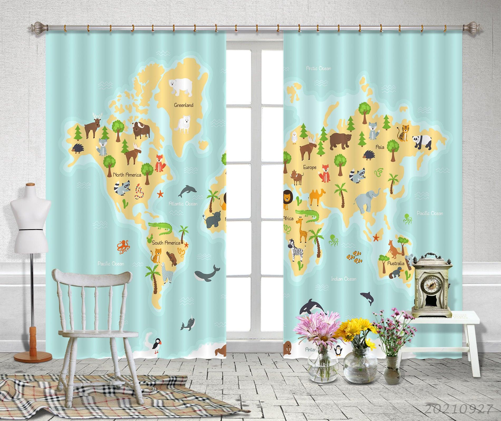 3D Green World Map Kids Curtains and Drapes LQH 208- Jess Art Decoration