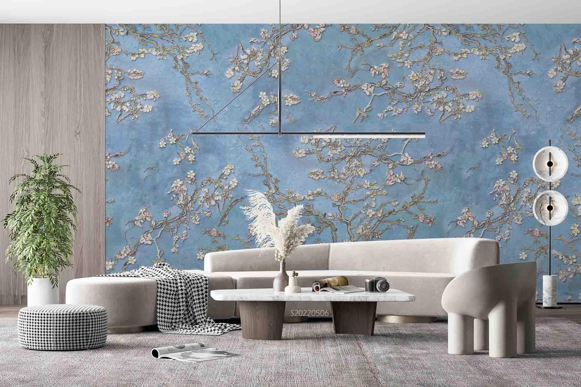 3D Vintage Floral Branch Blue Background Wall Mural Wallpaper GD 4597- Jess Art Decoration