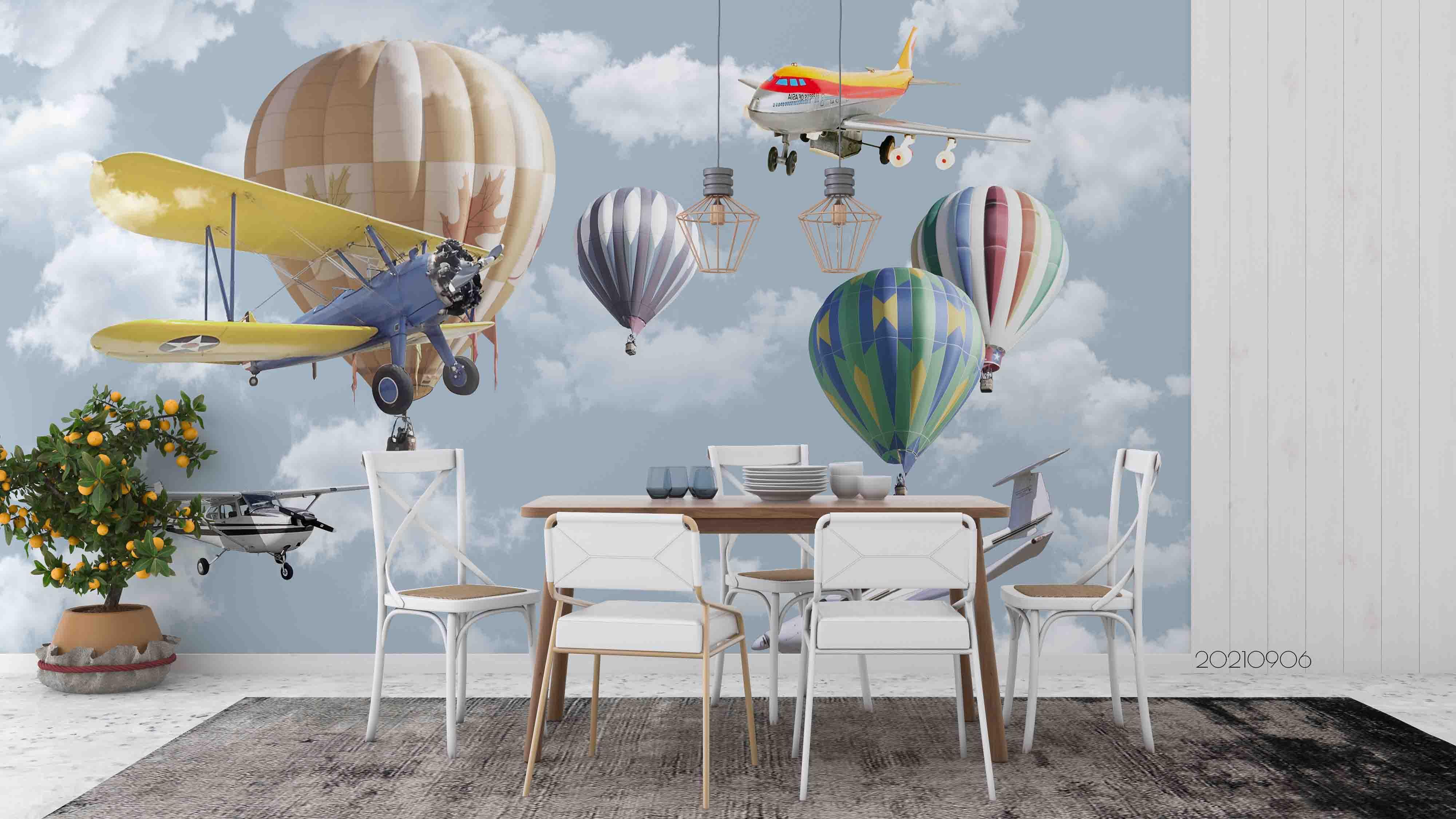 3D Airplane Balloon Sky airplane hot air balloon mural wall mural wallpaper for kids room - view 3