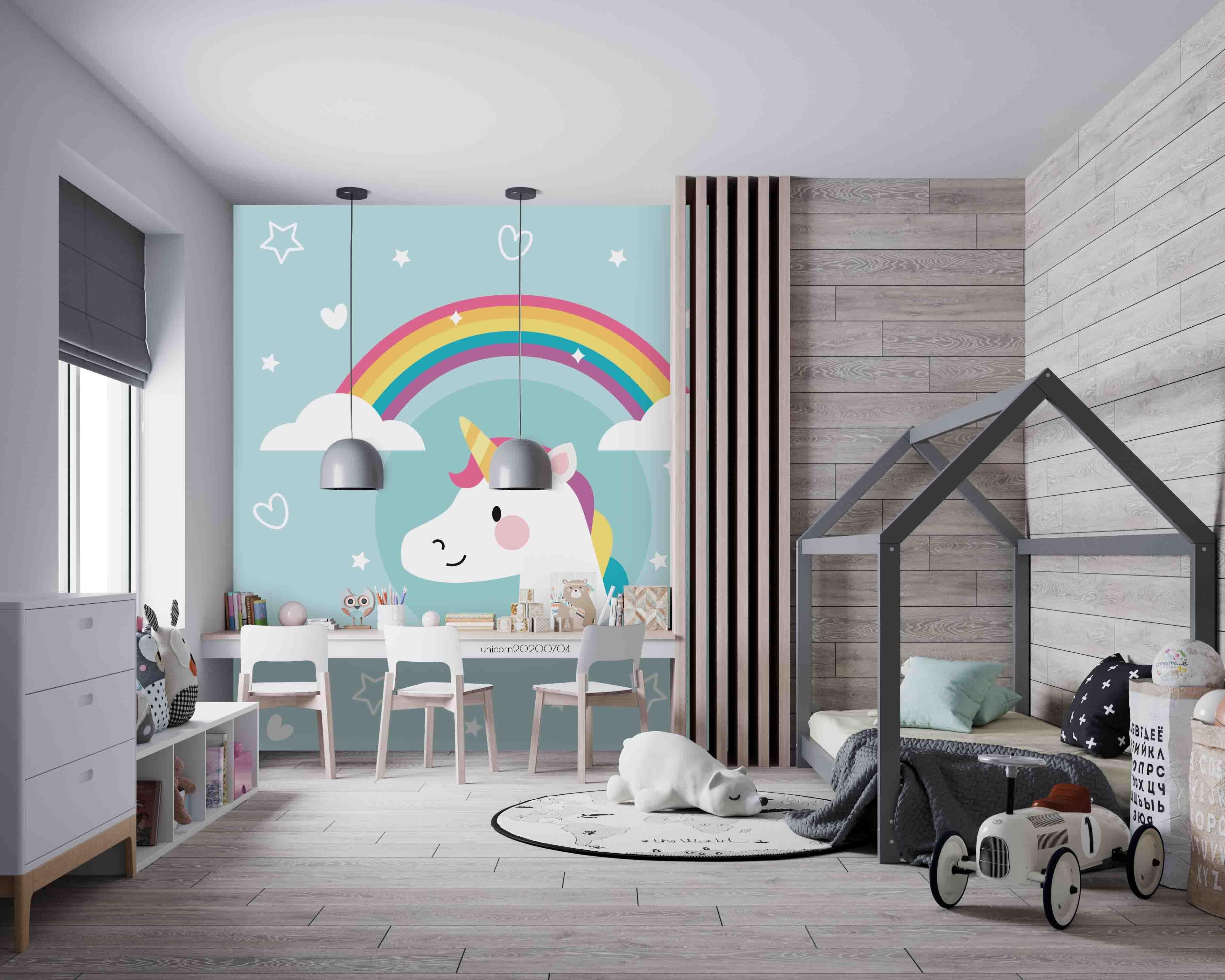 3D Cartoon Unicorn Green Sky Rainbow Wall Mural Wallpaper A038 LQH- Jess Art Decoration