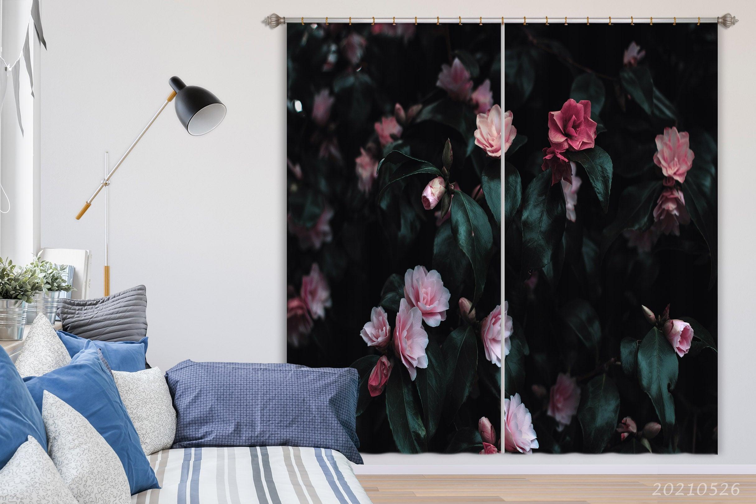 3D Vintage Pink Flower Dark Green Leaf Curtains and Drapes GD 399- Jess Art Decoration