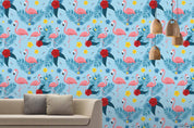 3D Yellow Floral Pink Flamingo Blue Plant Wall Mural Wallpaper LXL 454- Jess Art Decoration