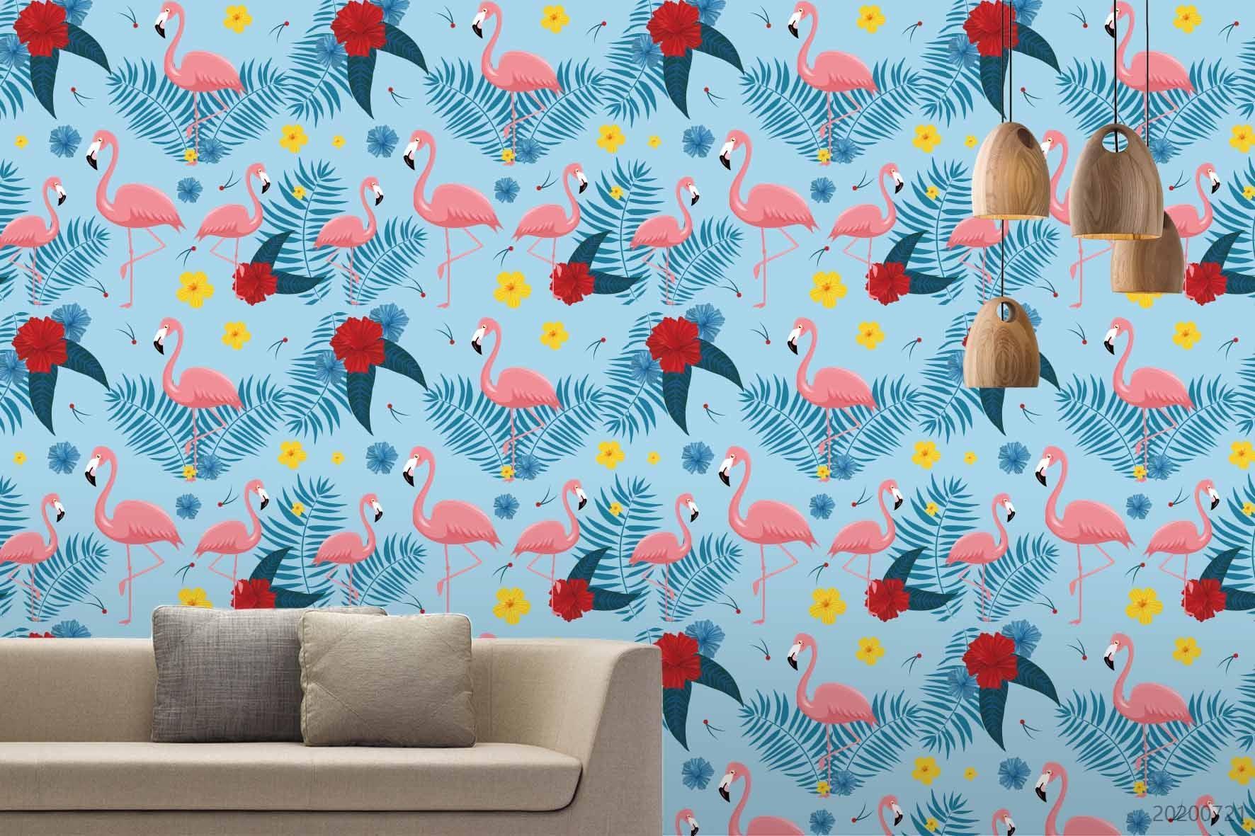 3D Yellow Floral Pink Flamingo Blue Plant Wall Mural Wallpaper LXL 454- Jess Art Decoration