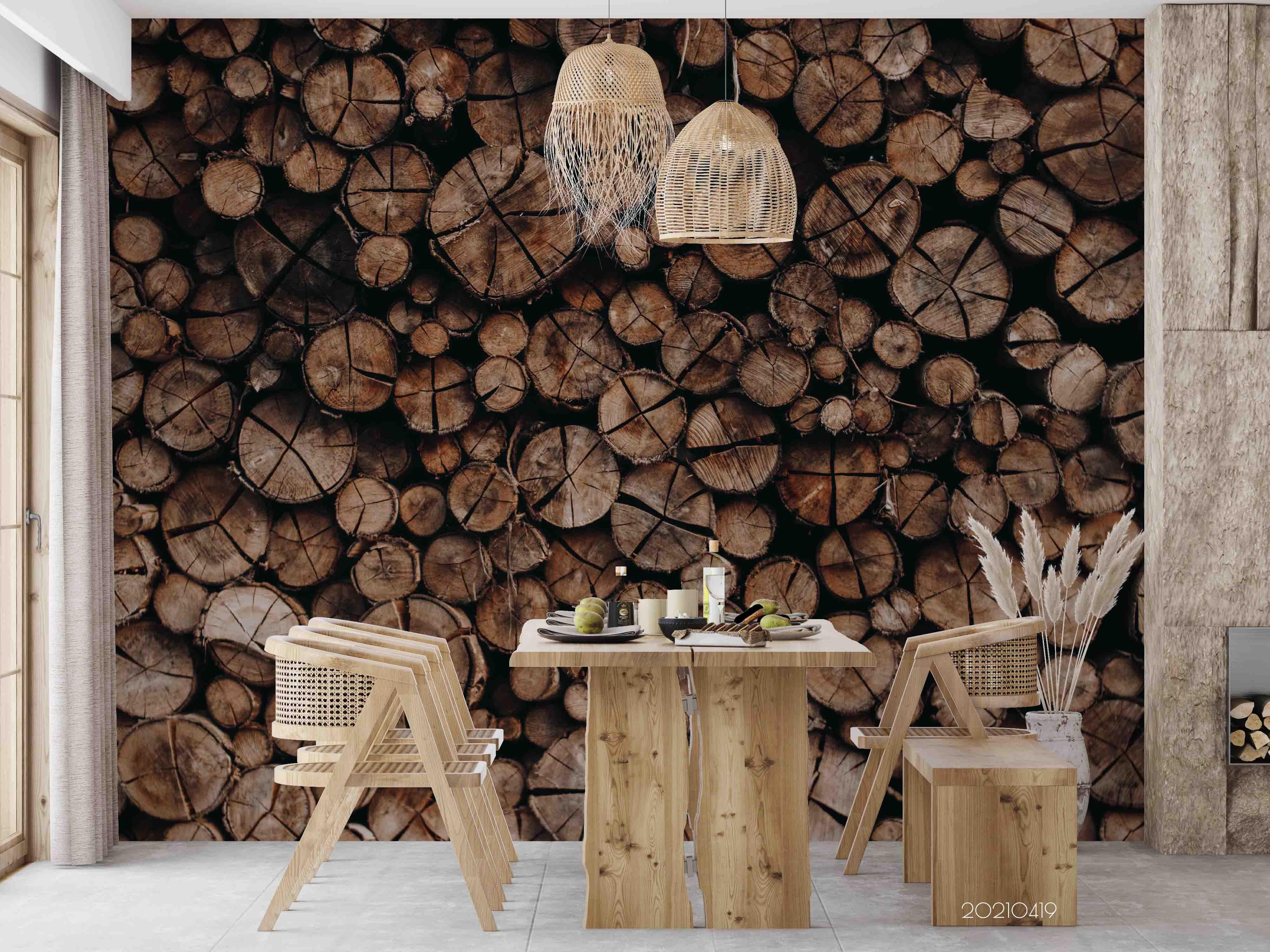3D Log Wood Texture stacked log wood texture wall mural wallpaper for dining room - view 3