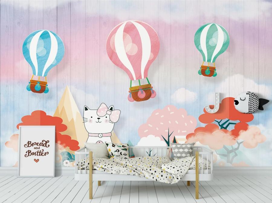 3D Cartoon Cat Tent Trees Hot Air Balloon Board Wall Mural Wallpaper 2492- Jess Art Decoration
