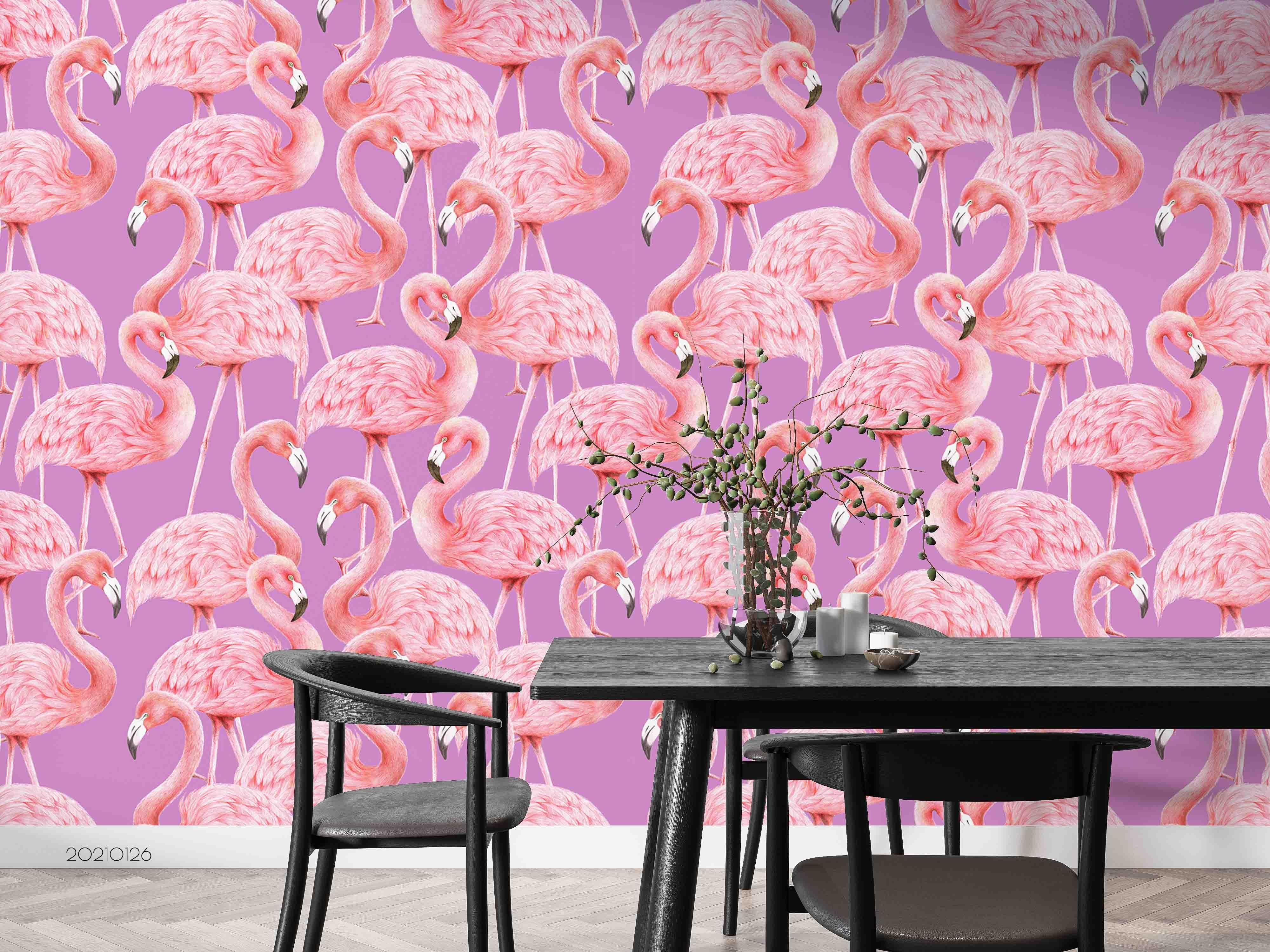 3D Hand Drawn Animal Pink Flamingo Wall Mural Wallpaper LQH 62- Jess Art Decoration