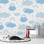 3D Cartoon Blue Cloud Rain Rainbow Wall Mural Wallpaper A199 LQH- Jess Art Decoration