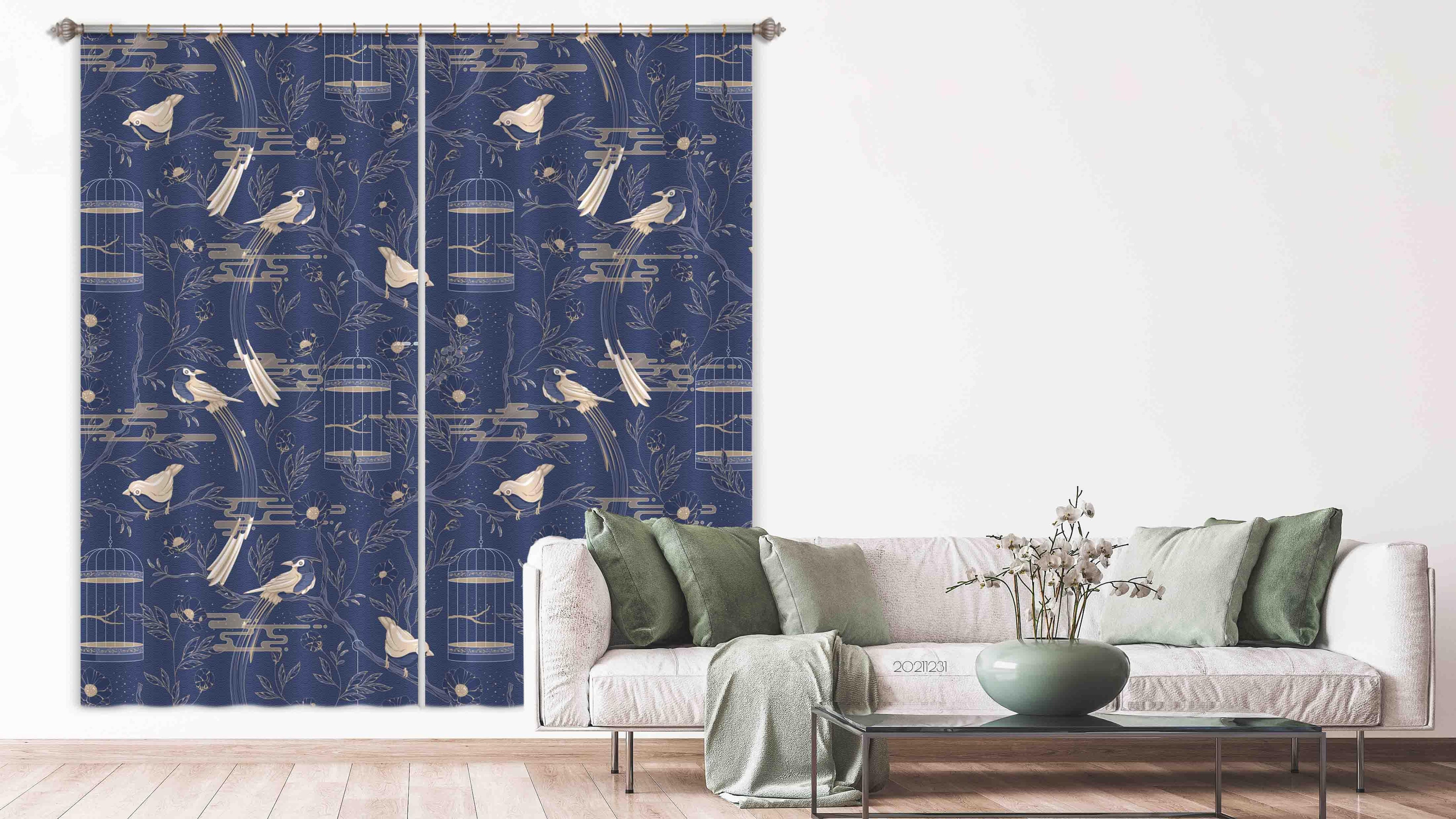 3D Vintage Blue Bird Birdcage Plant Leaf Curtains and Drapes GD 74- Jess Art Decoration