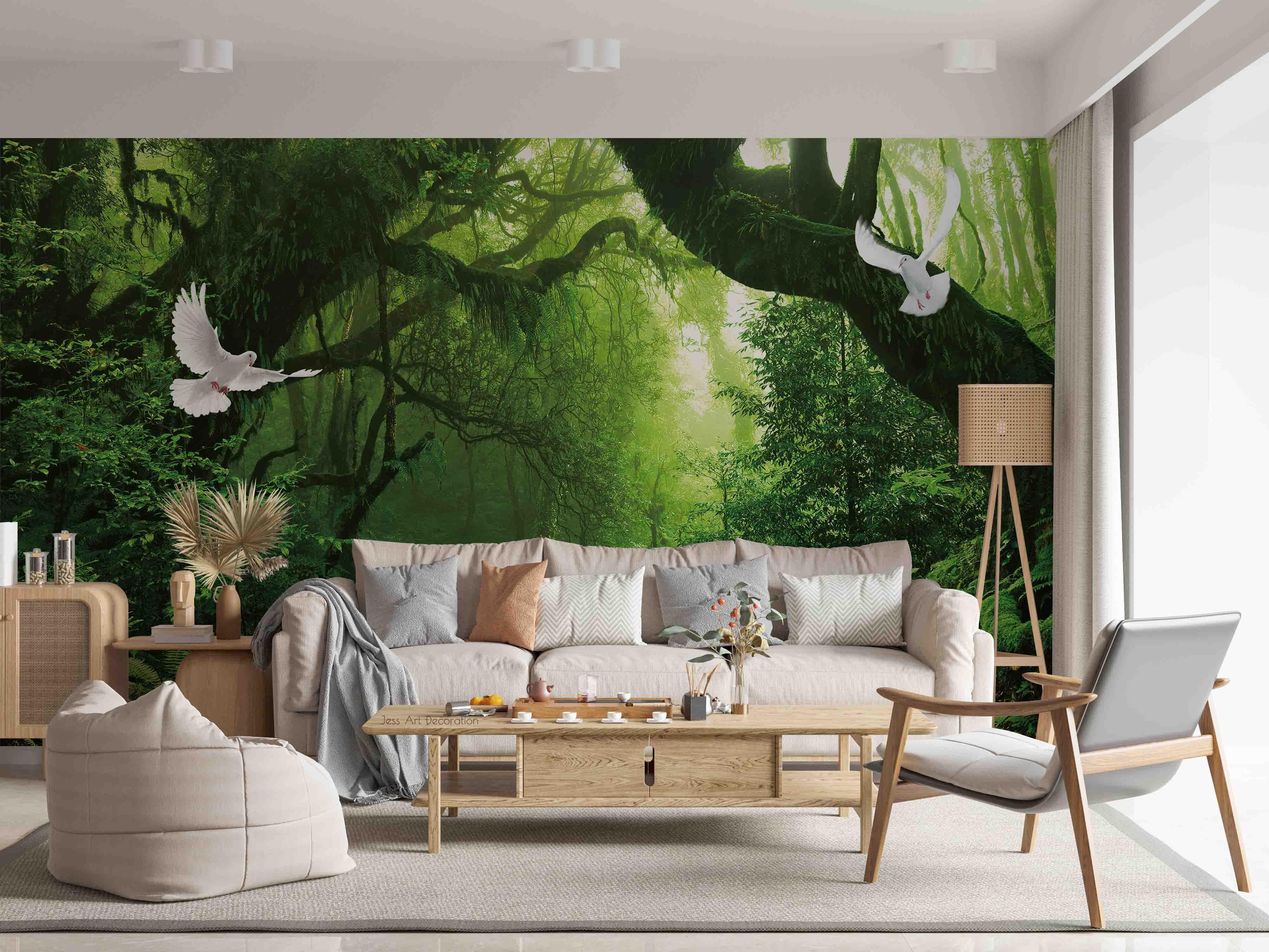 3D Forest Green Plant Dove Landscape Wall Mural Wallpaper GD 3173- Jess Art Decoration