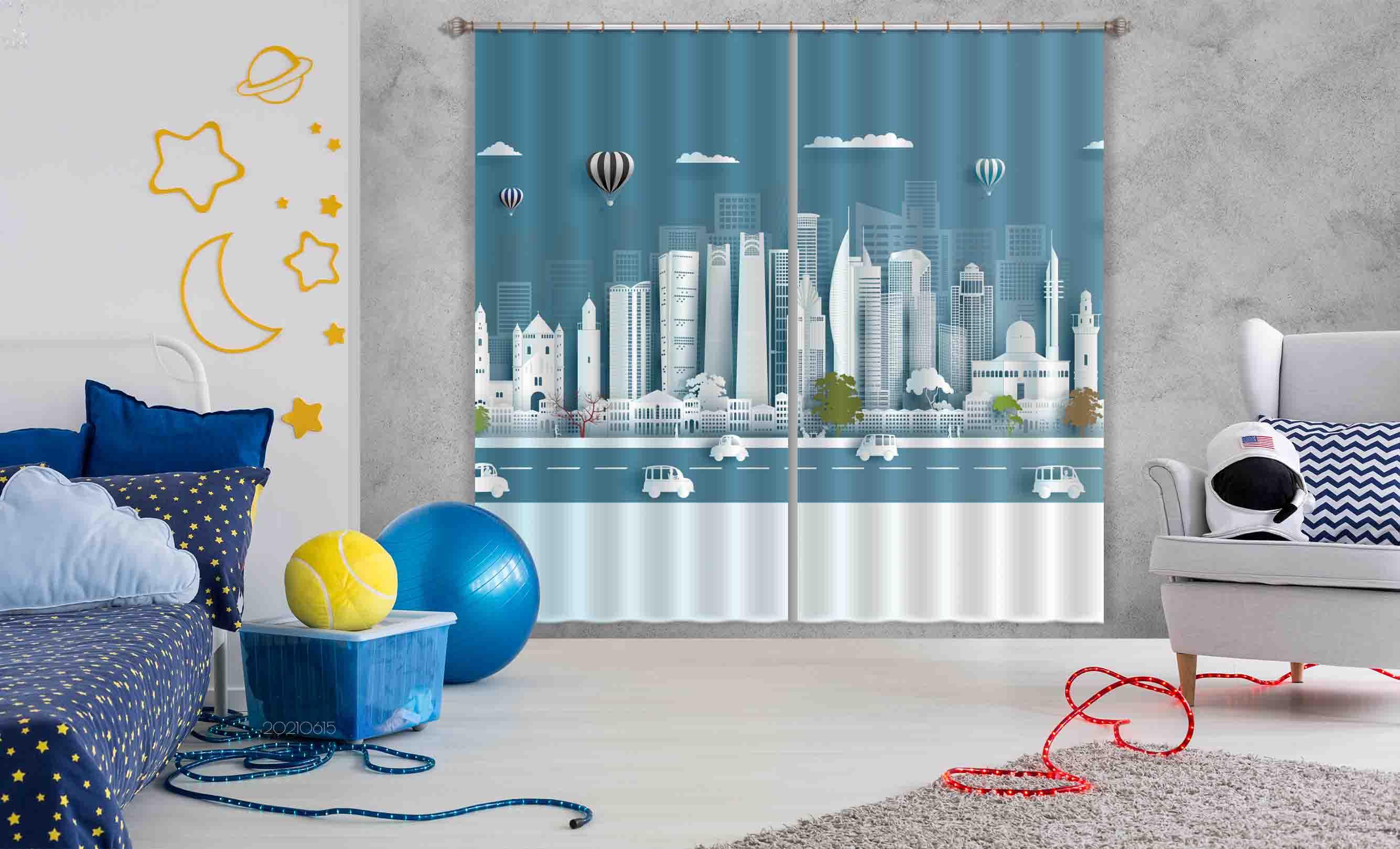 3D Abstract Building City Road Car Hot Air Balloon White Curtains and Drapes LLL 434- Jess Art Decoration