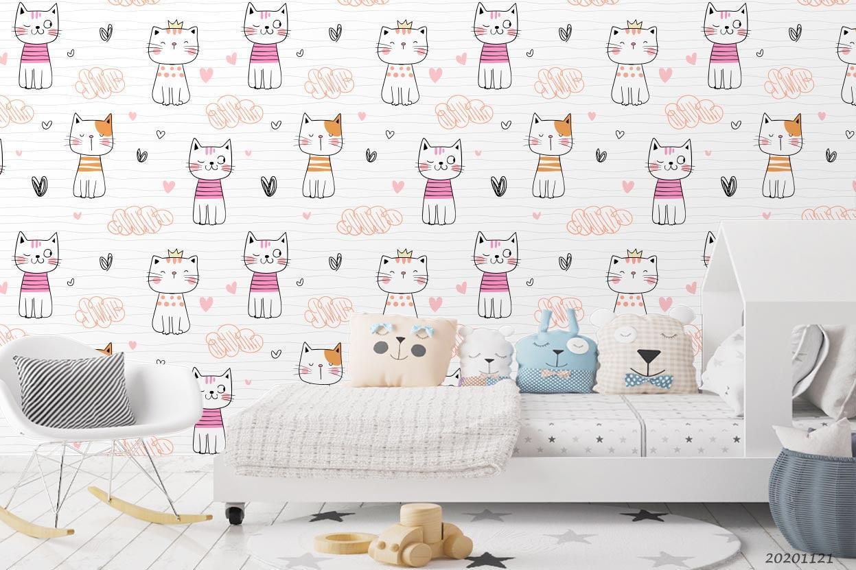 3D Cartoon Hand Drawn Colorful Cat Animal Heart Wall Mural Wallpaper LXL- Jess Art Decoration