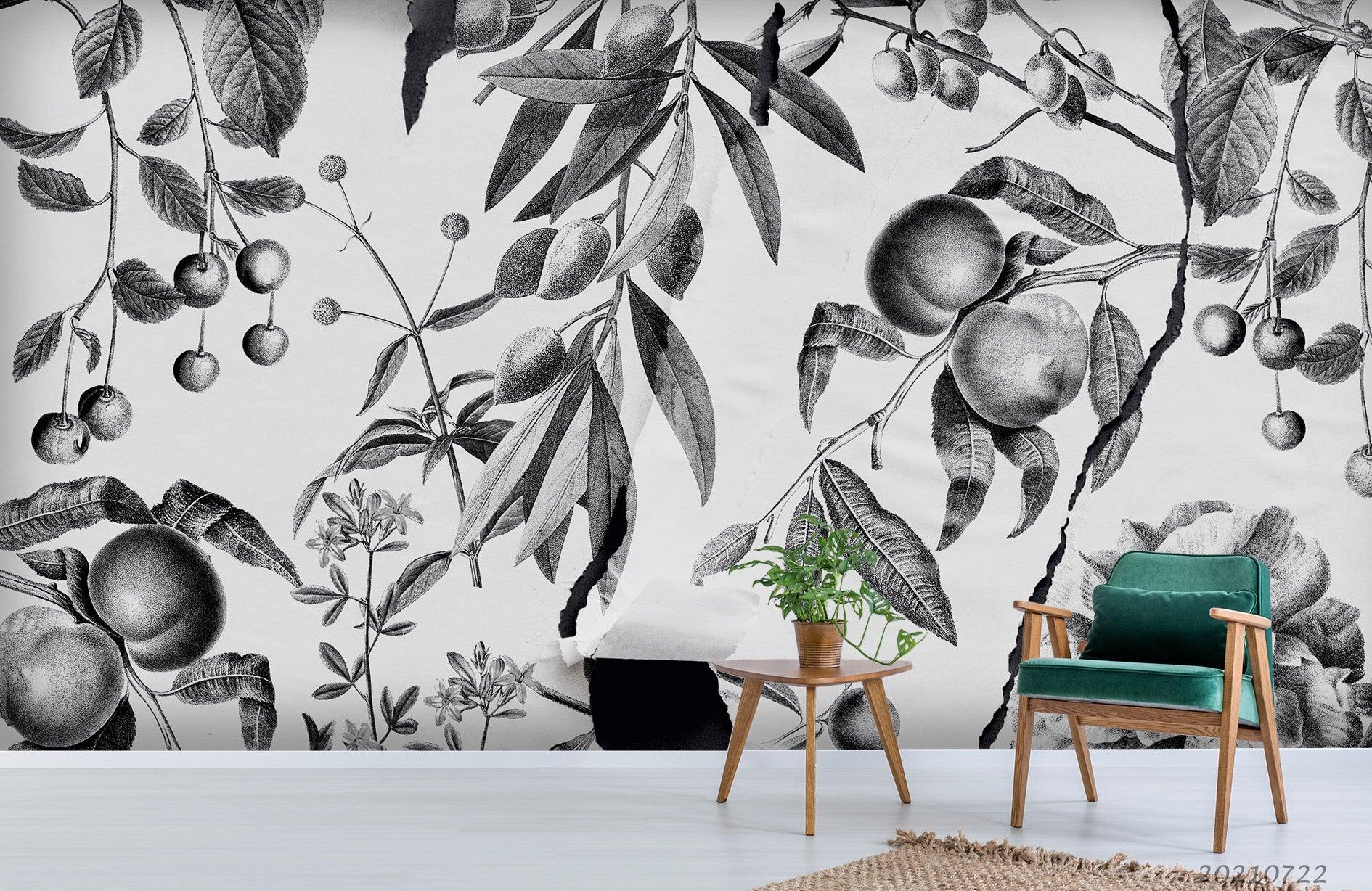3D Hand Drawn Grey Fruit Leaf Floral Wall Mural Wallpaper LQH 665- Jess Art Decoration