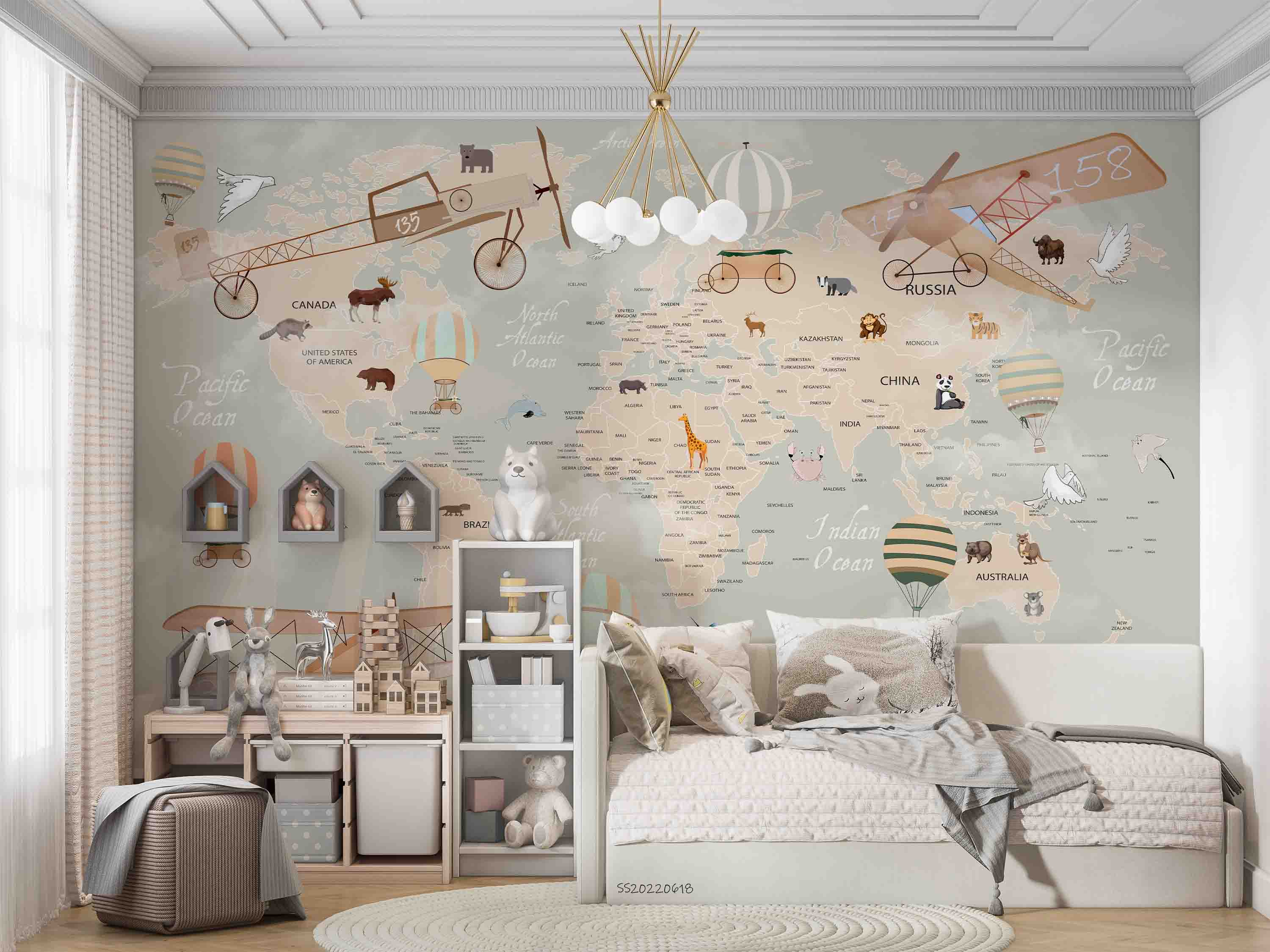 3D World Map Cartoon Animal Aircraft Balloon Wall Mural Wallpaper GD 863- Jess Art Decoration