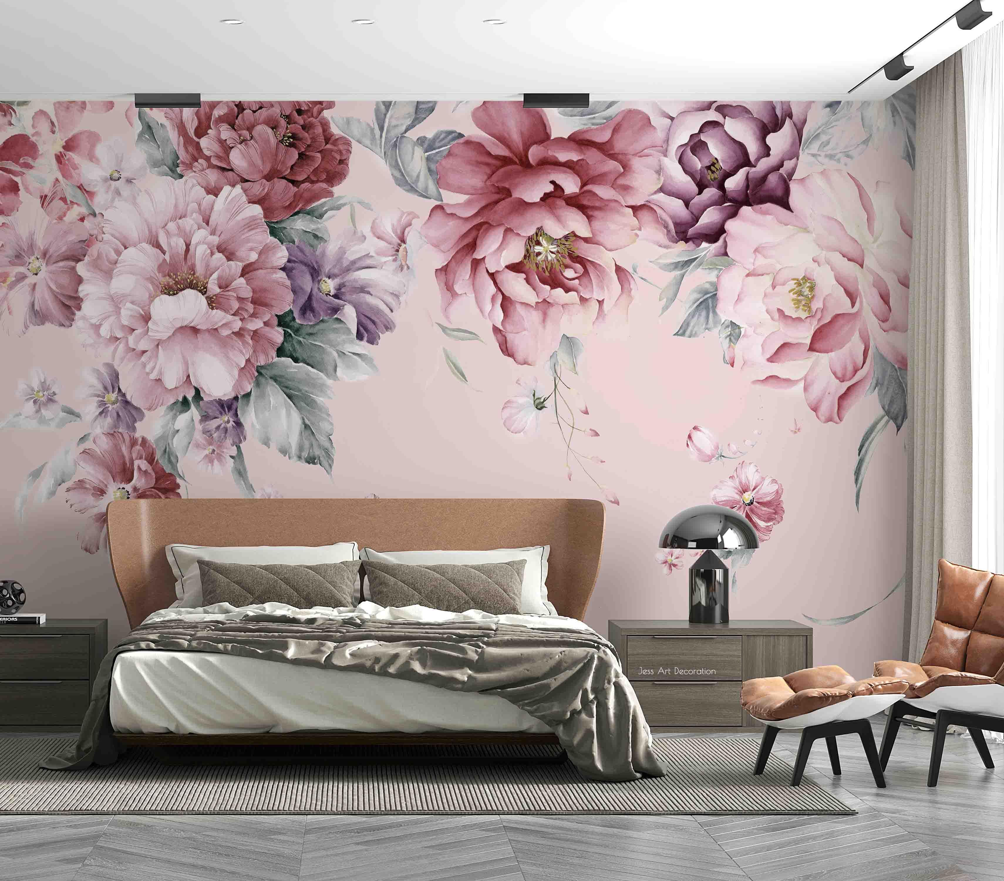 3D Vintage Pink Peony Watercolor Pattern Wall Mural Wallpaper GD 3288- Jess Art Decoration