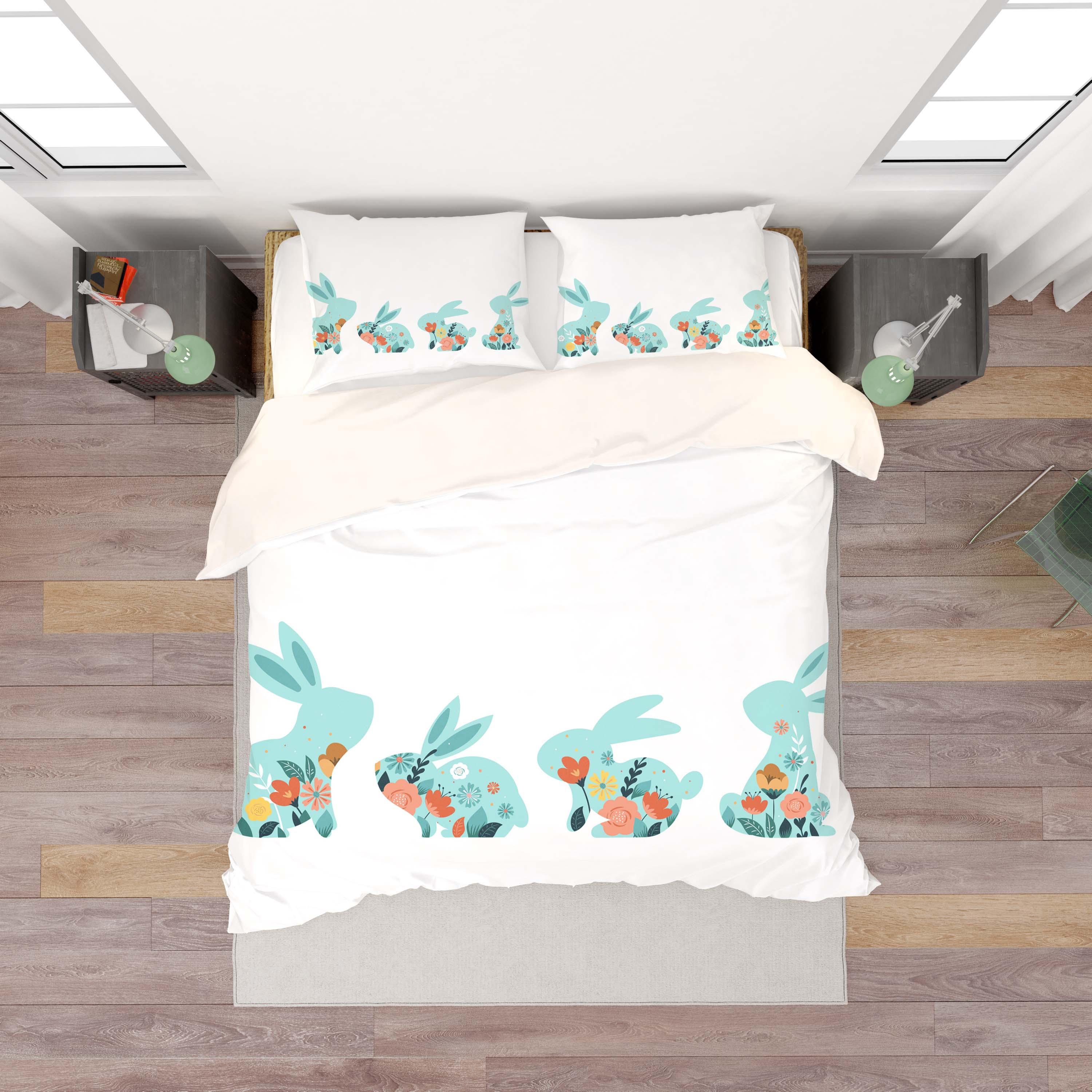 3D White Blue Rabbit Floral Quilt Cover Set Bedding Set Duvet Cover Pillowcases SF47- Jess Art Decoration