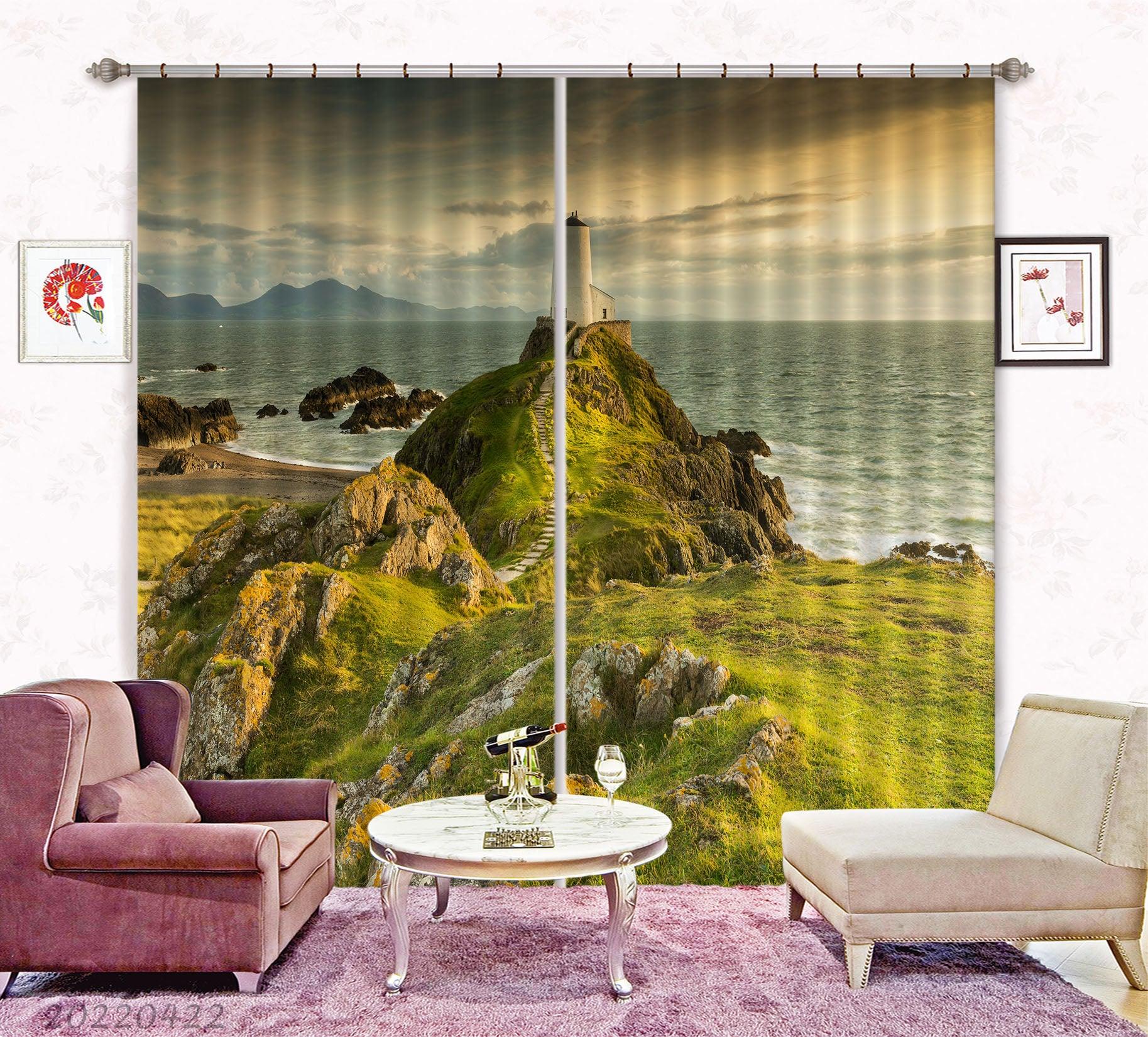 3D Landscape Mountain Lighthouse Ocean Island Curtains and Drapes GD 4247- Jess Art Decoration