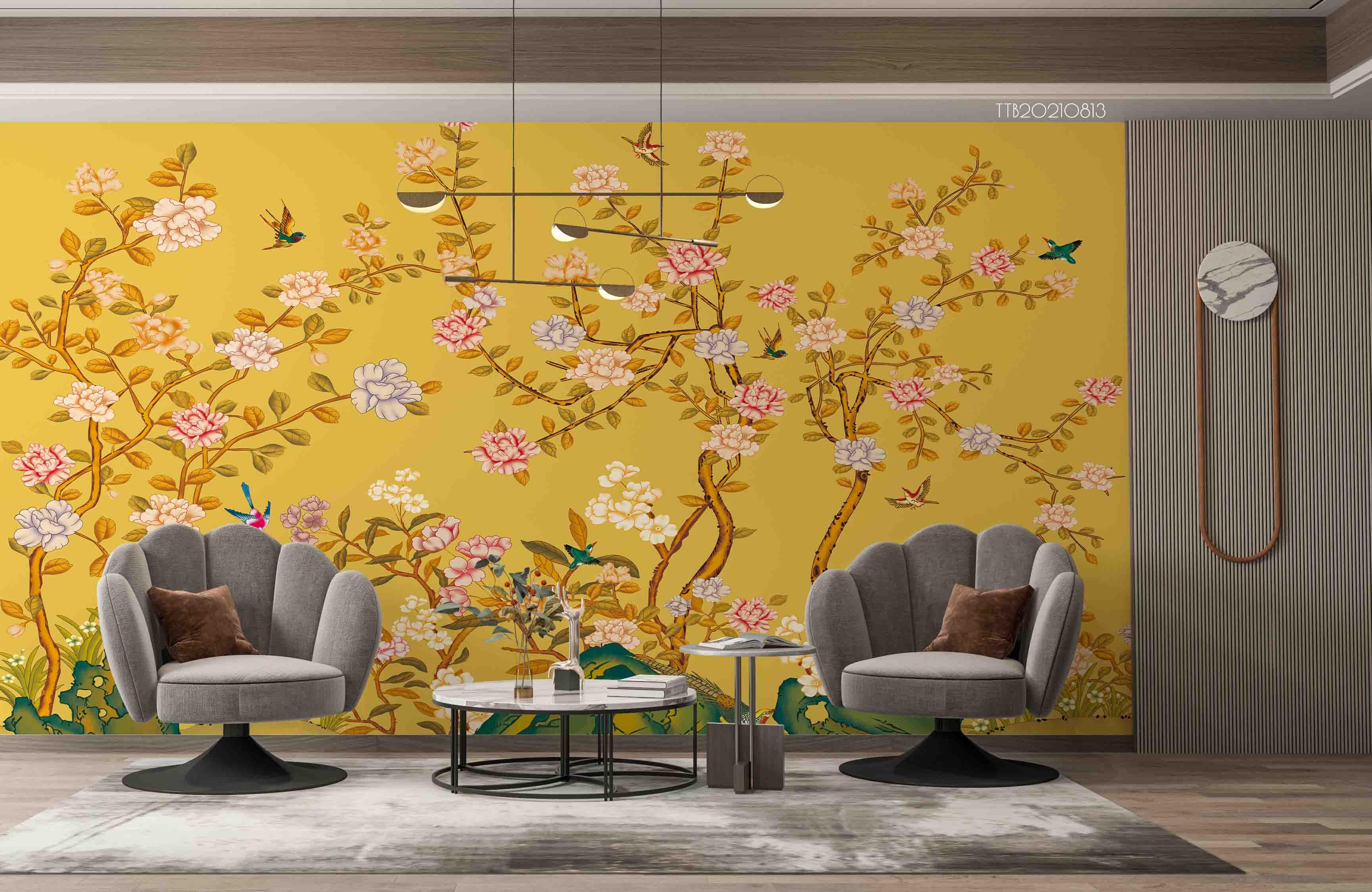 3D Chinese Style Golden Bloom Tree Birds Wall Mural Wallpaper 5107- Jess Art Decoration