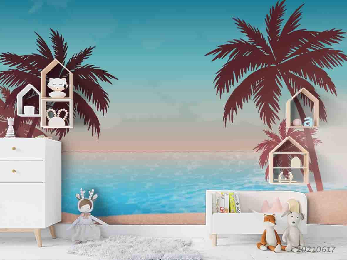 3D Blue Sky Sea Coconut Tree Wall Mural Wallpaper LQH 126- Jess Art Decoration