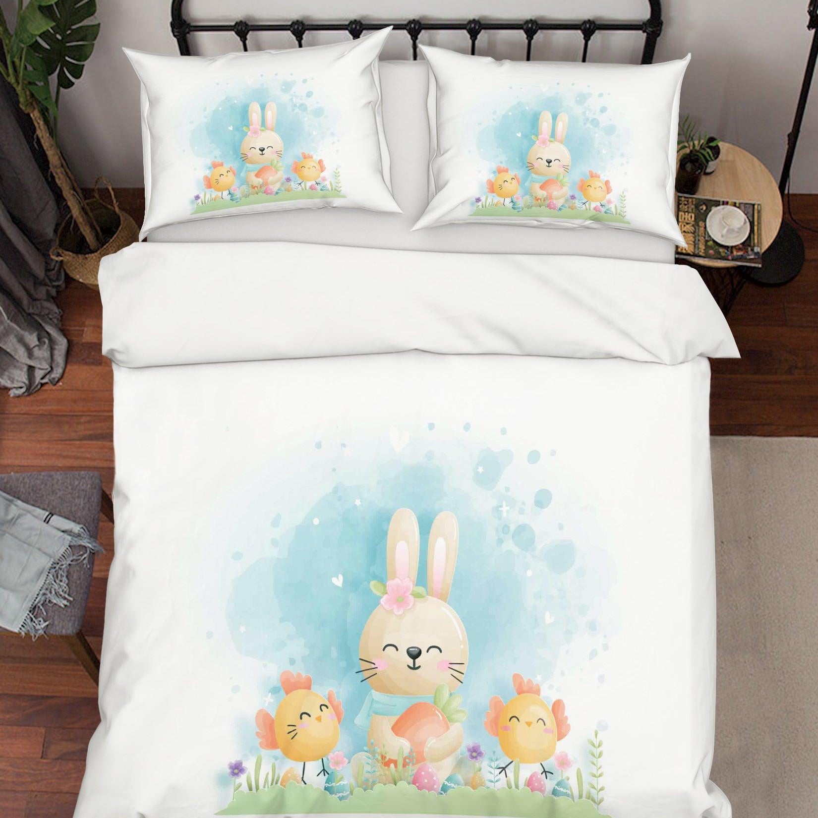 3D White Blue Chick Rabbit Quilt Cover Set Bedding Set Duvet Cover Pillowcases SF69- Jess Art Decoration