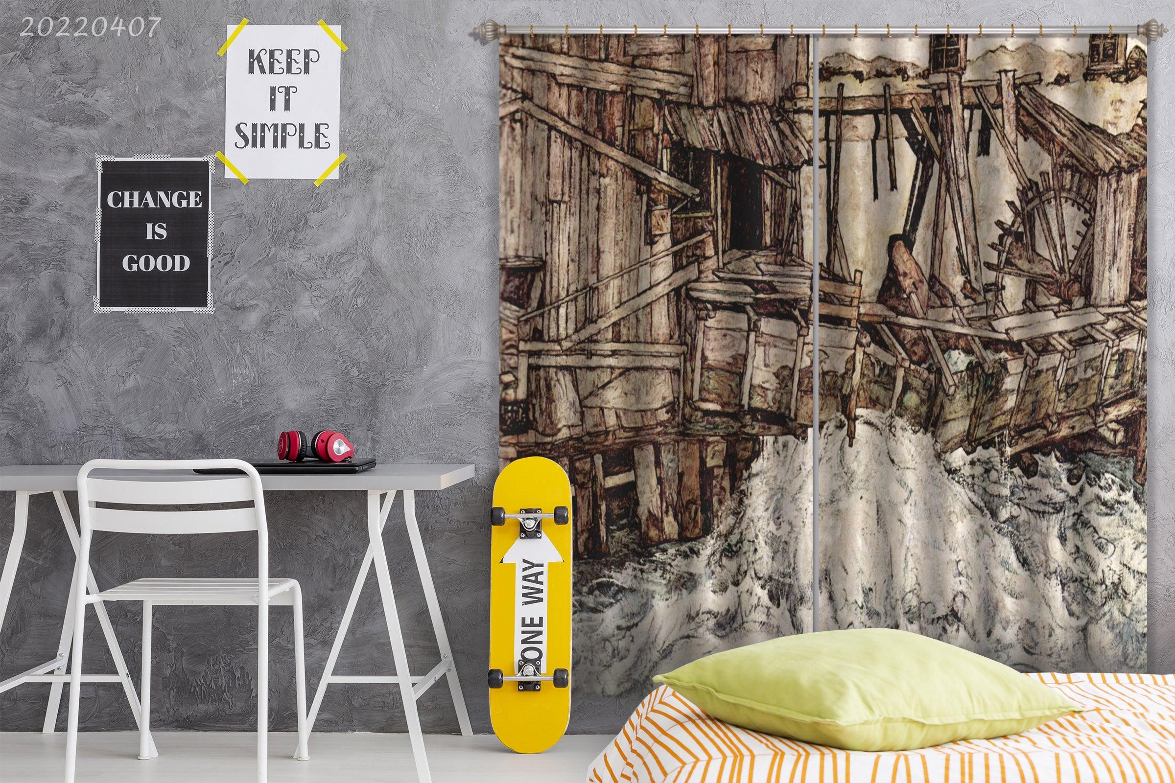 3D Wooden Waterwheel Artwork Painting Curtains and Drapes GD 3515- Jess Art Decoration