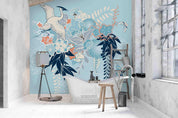 3D Blue Floral Crane Wall Mural Wallpaper SF55- Jess Art Decoration