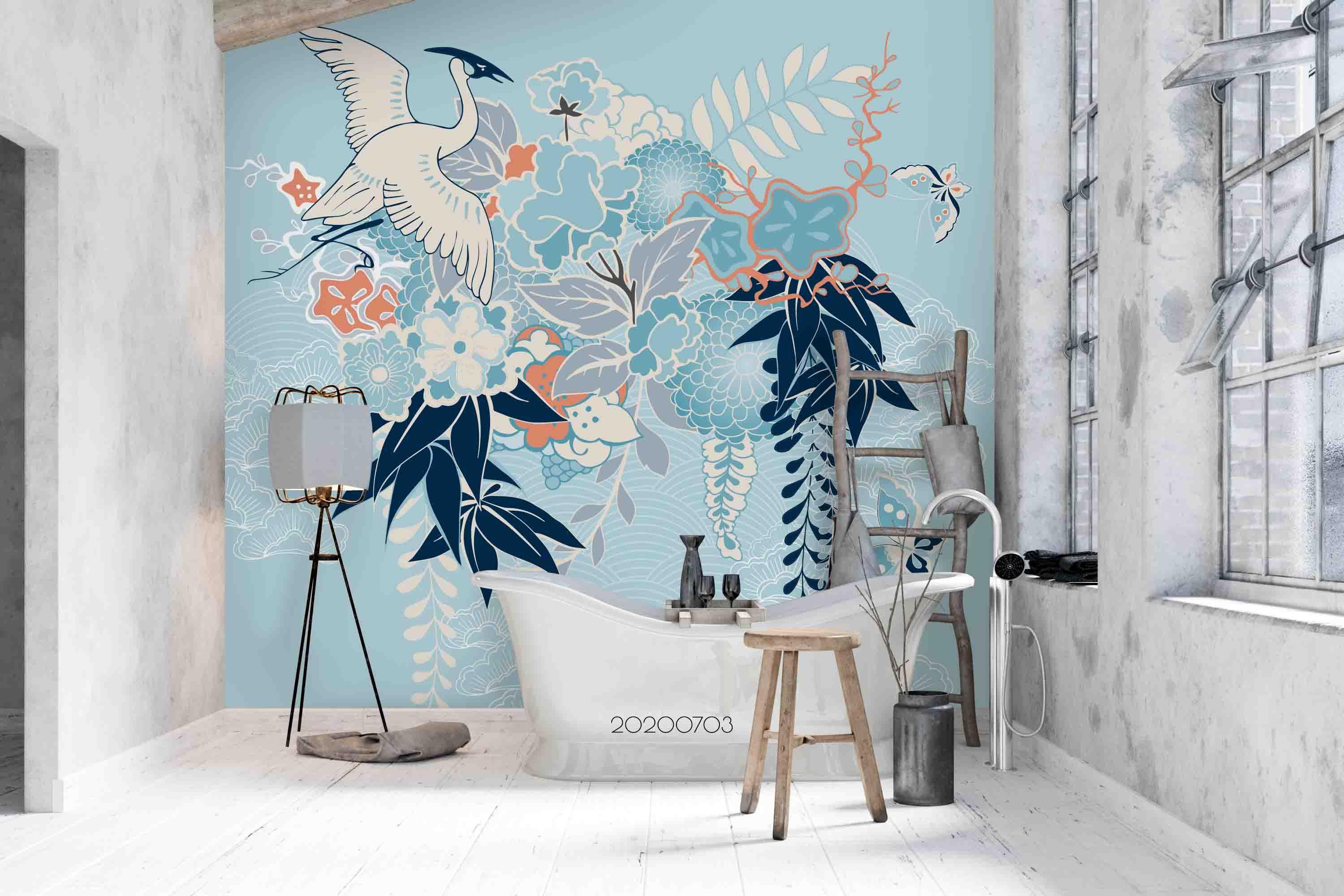 3D Blue Floral Crane Wall Mural Wallpaper SF55- Jess Art Decoration